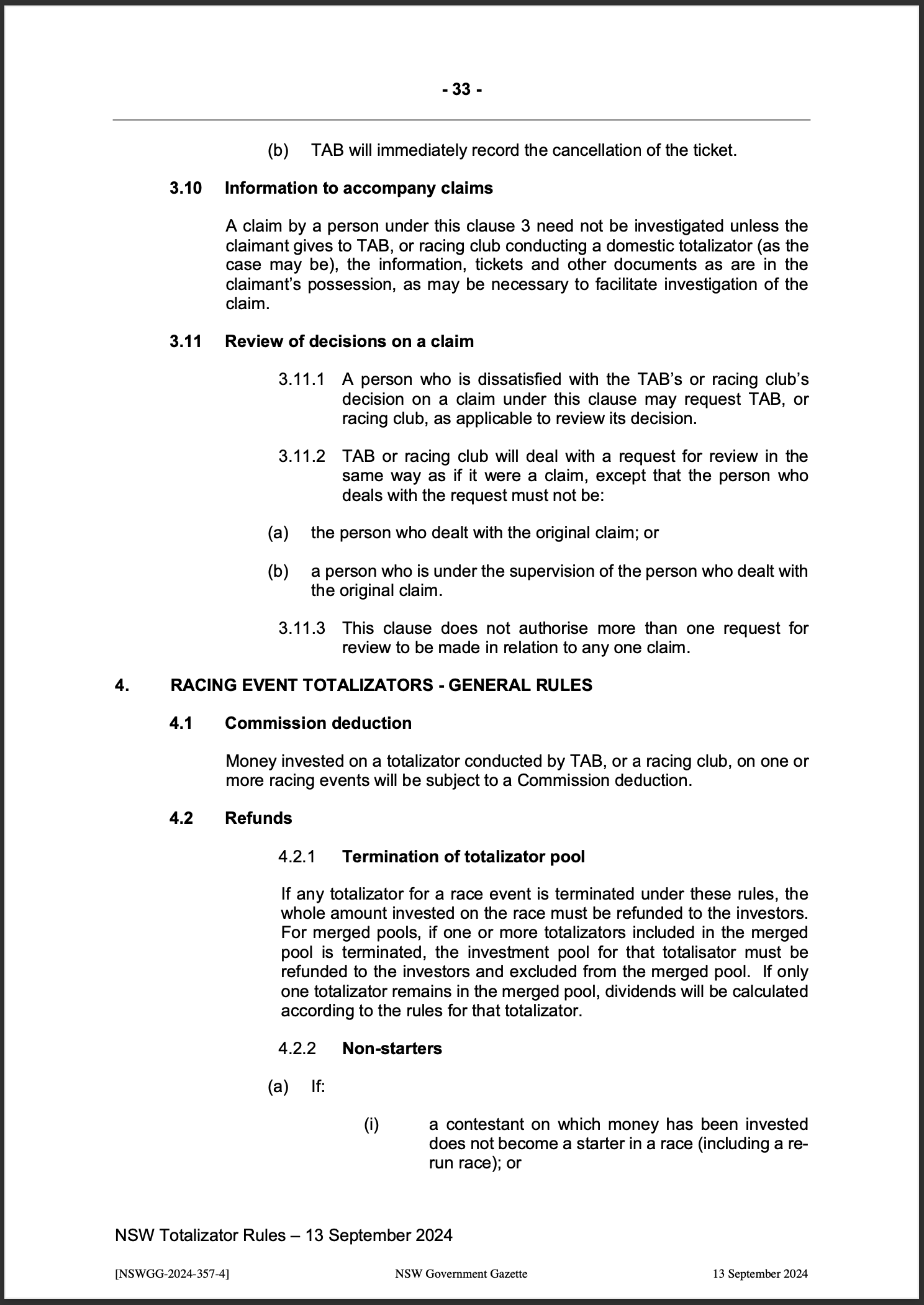 NSW Totalizator Betting Rules (Racing)