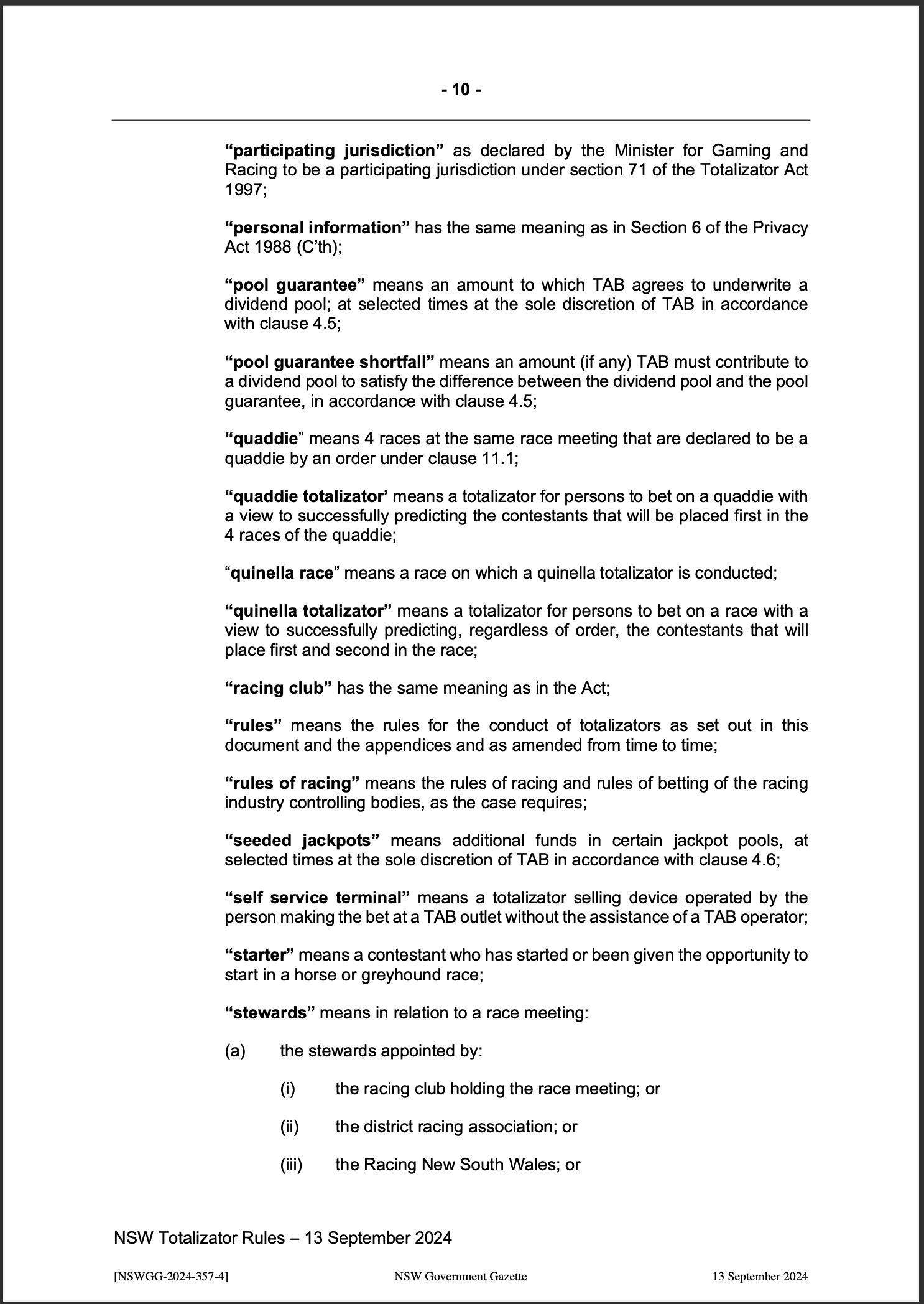 NSW Totalizator Betting Rules (Racing)