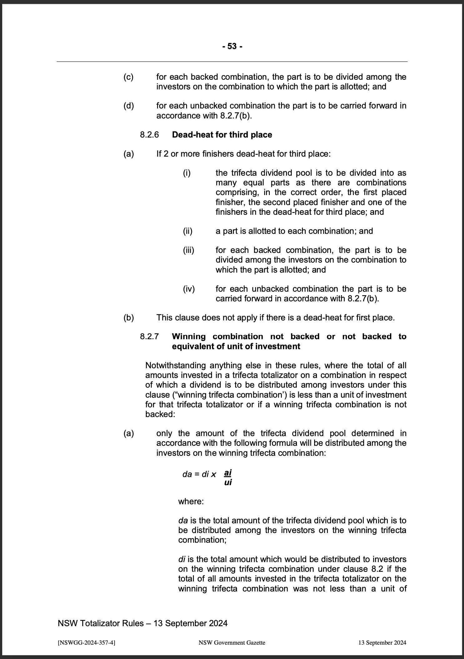 NSW Totalizator Betting Rules (Racing)