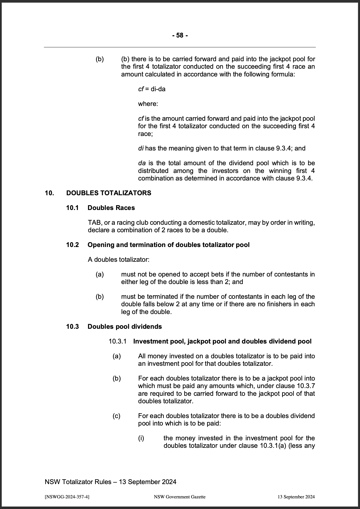 NSW Totalizator Betting Rules (Racing)