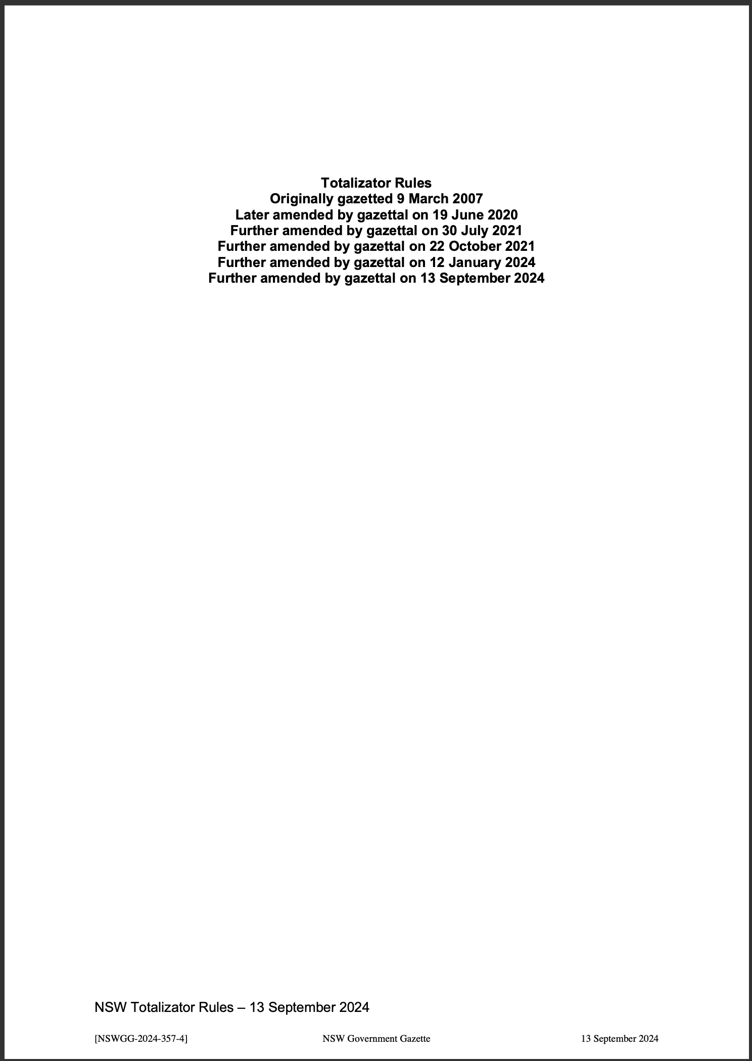 NSW Totalizator Betting Rules (Racing)