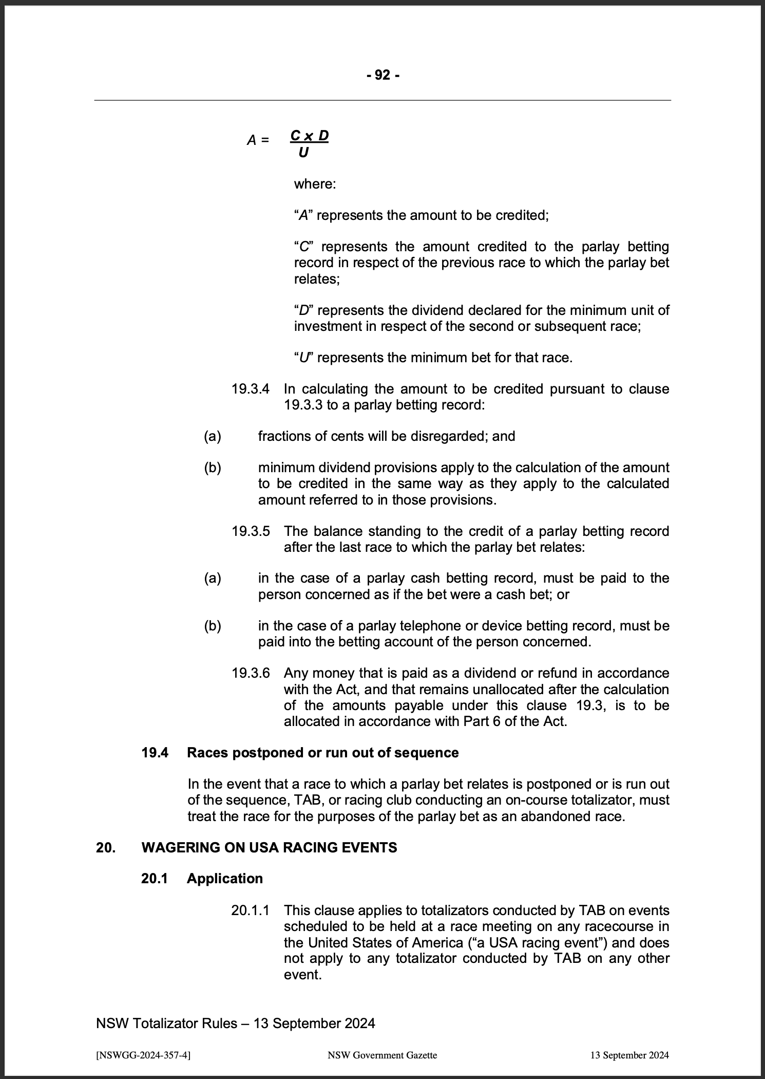 NSW Totalizator Betting Rules (Racing)