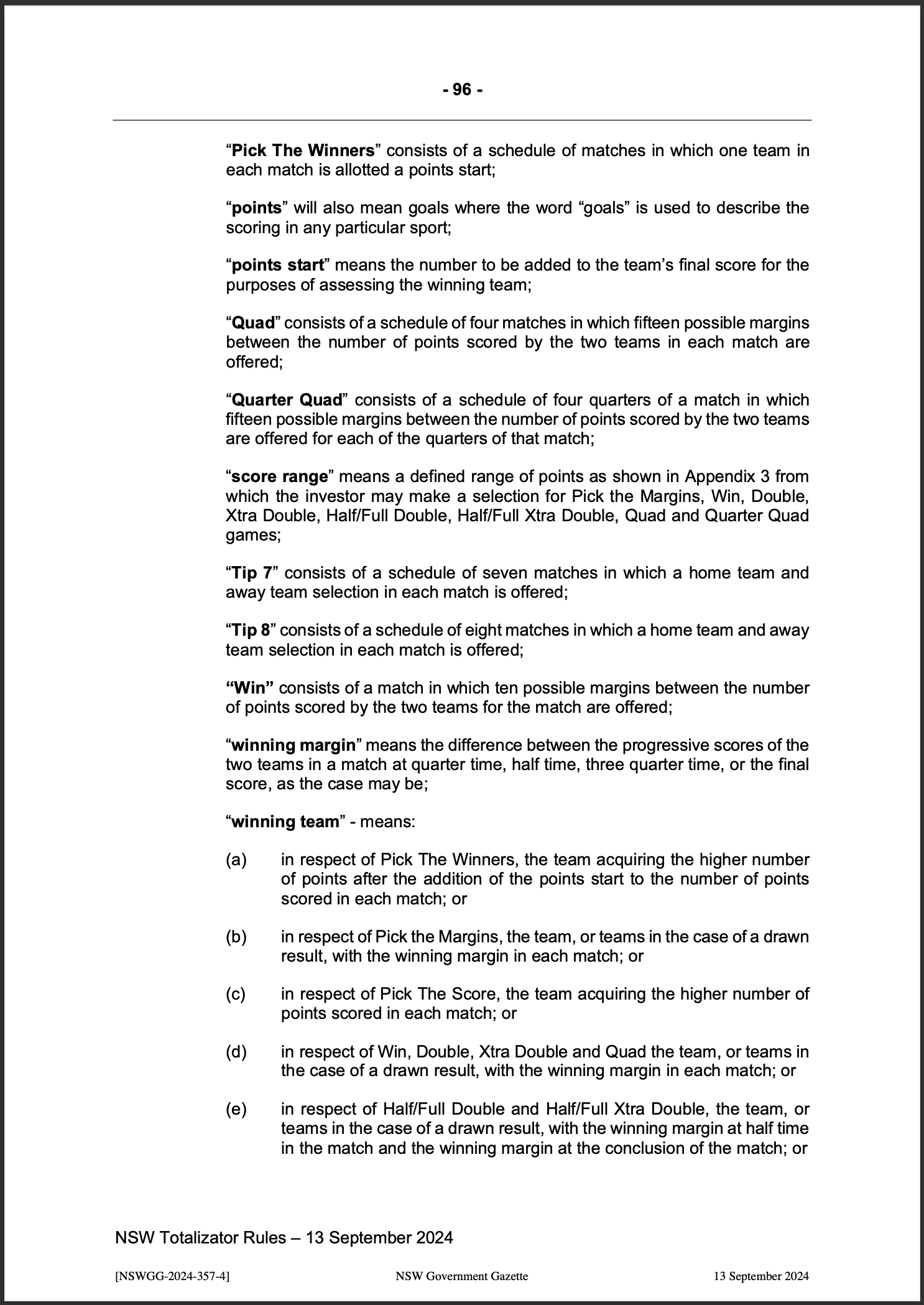 NSW Totalizator Betting Rules (Racing)