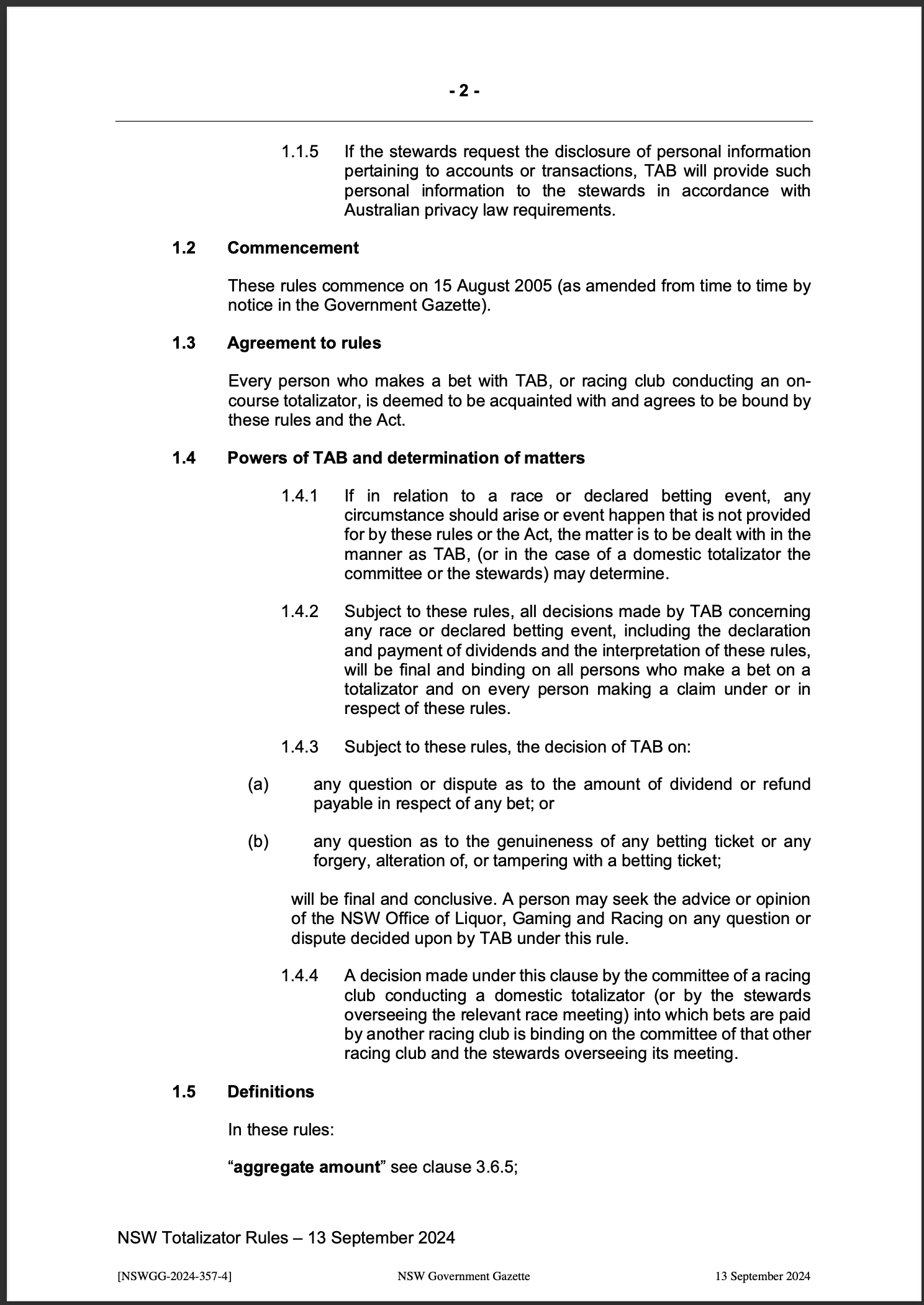 NSW Totalizator Betting Rules (Racing)