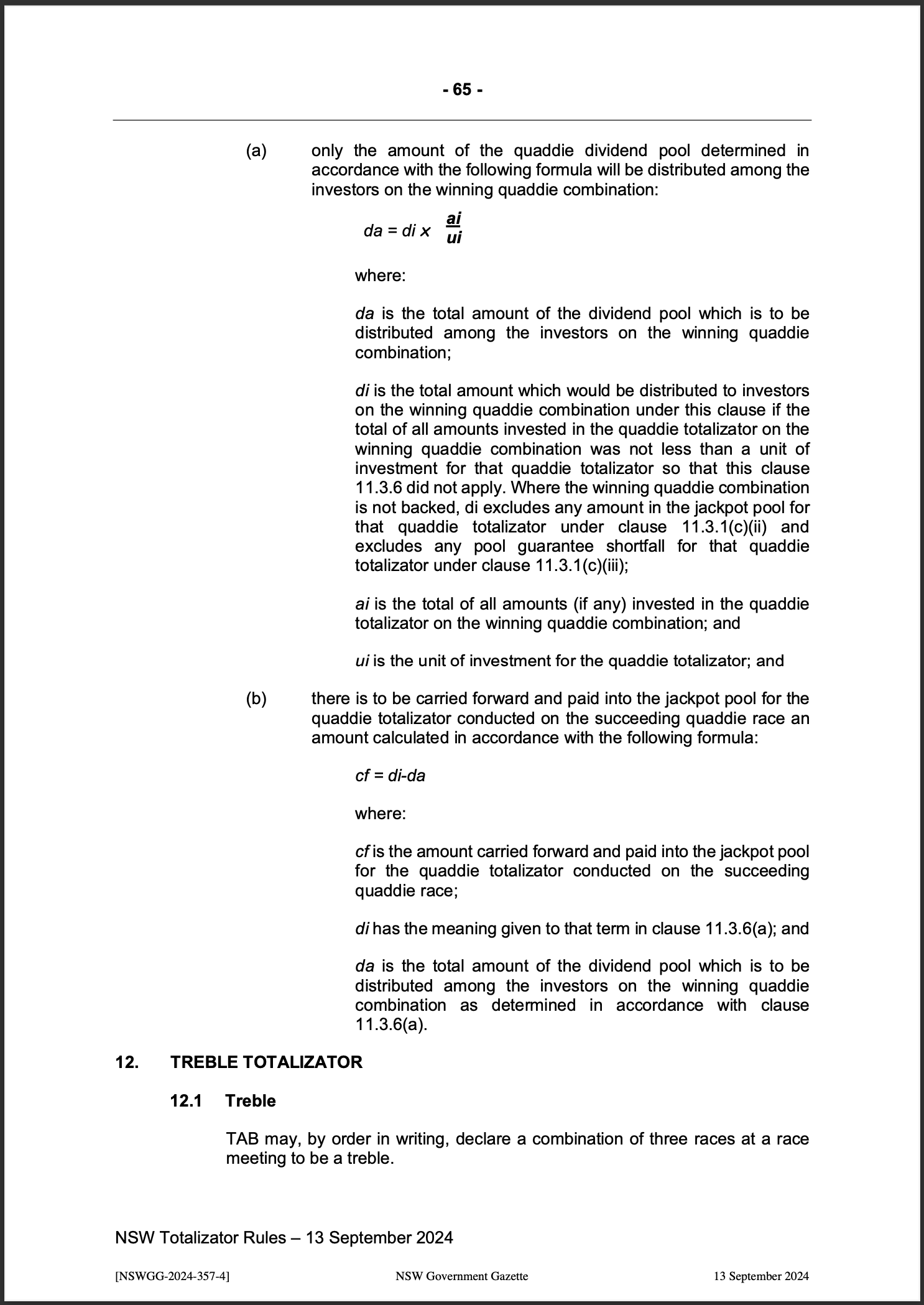 NSW Totalizator Betting Rules (Racing)