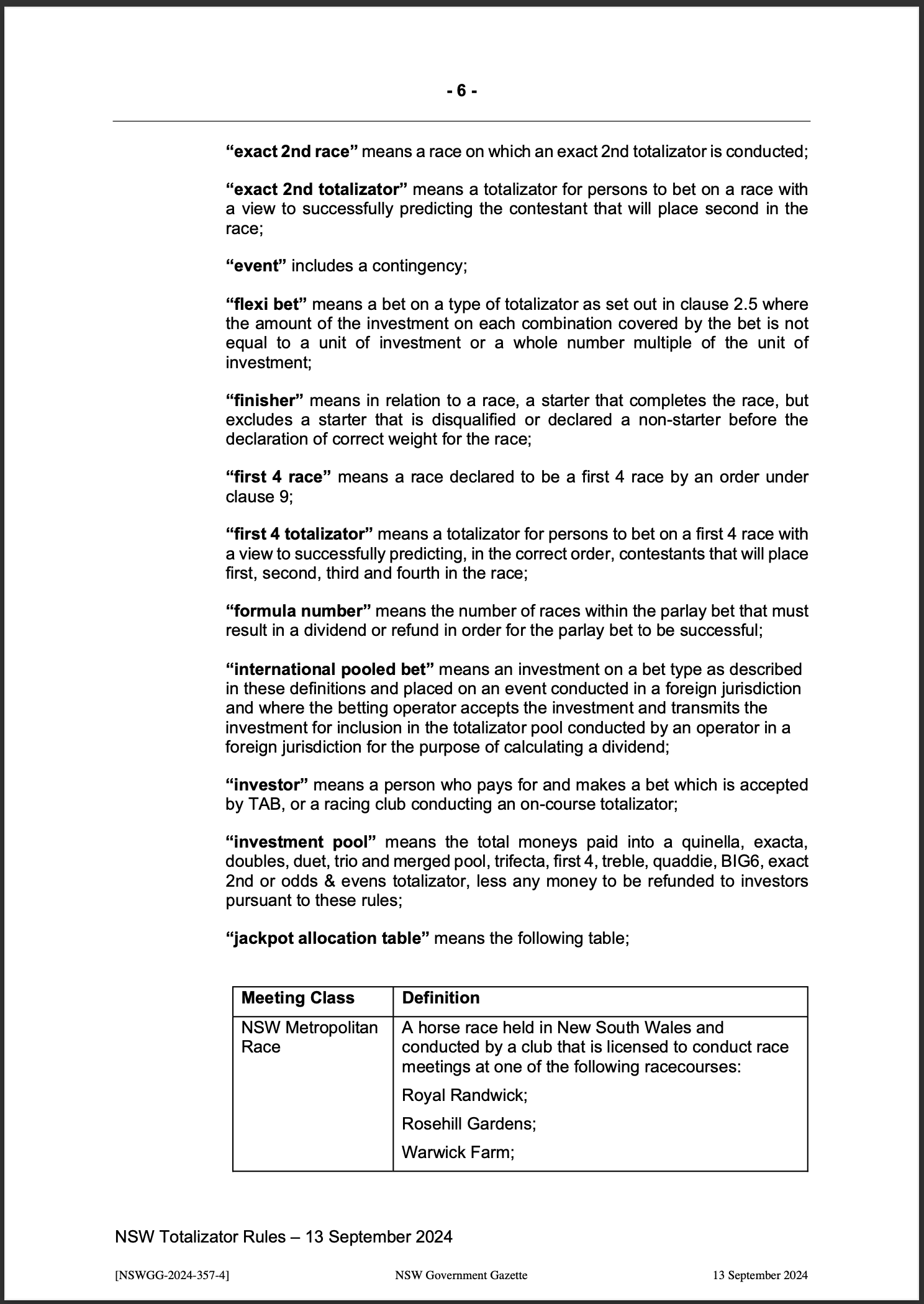 NSW Totalizator Betting Rules (Racing)