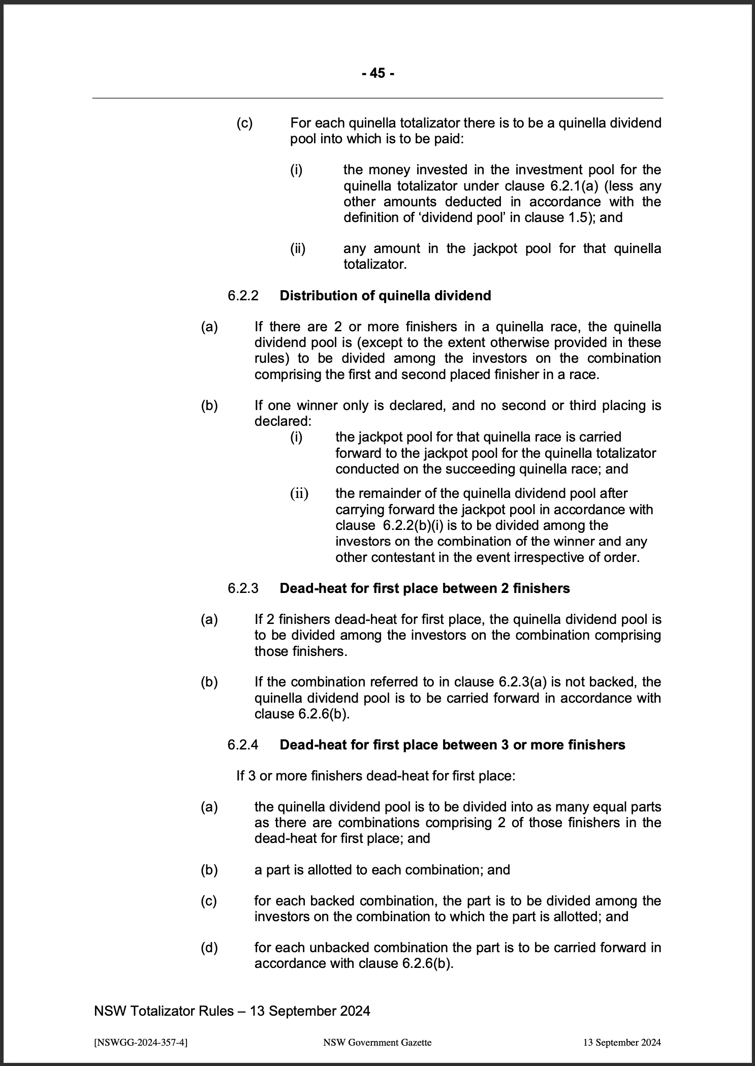 NSW Totalizator Betting Rules (Racing)