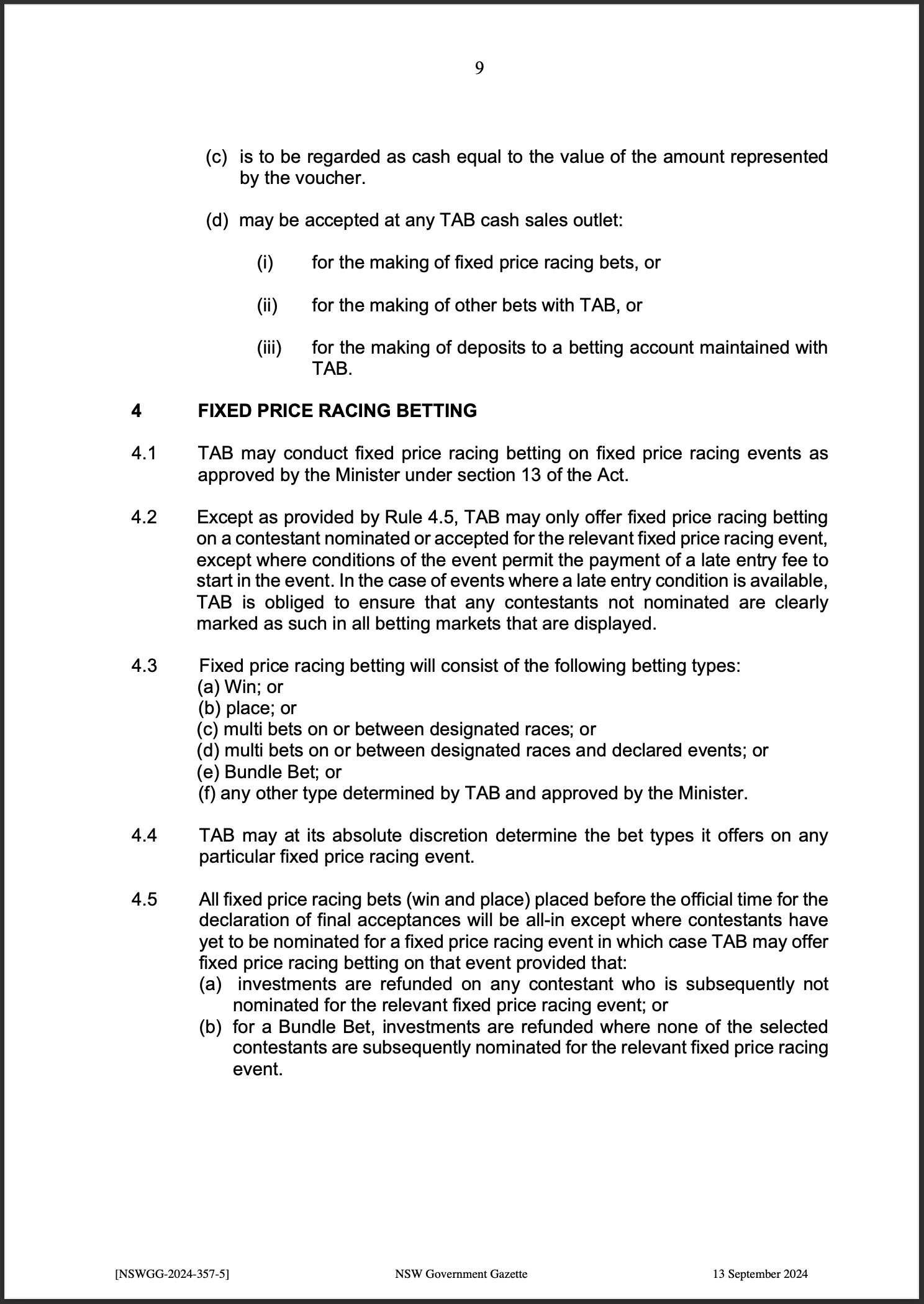 TAB Limited Fixed Price Racing Betting Rules