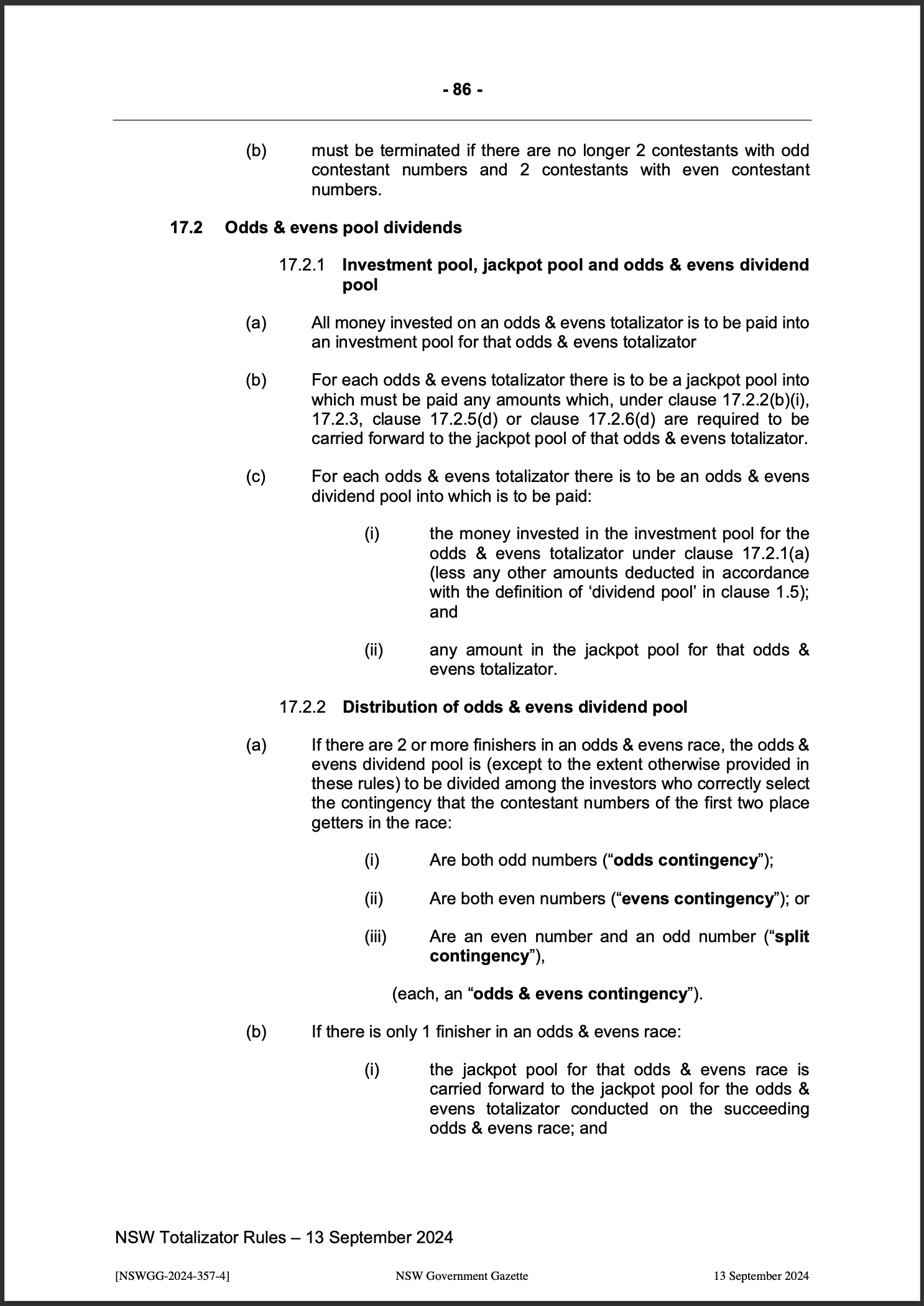 NSW Totalizator Betting Rules (Racing)