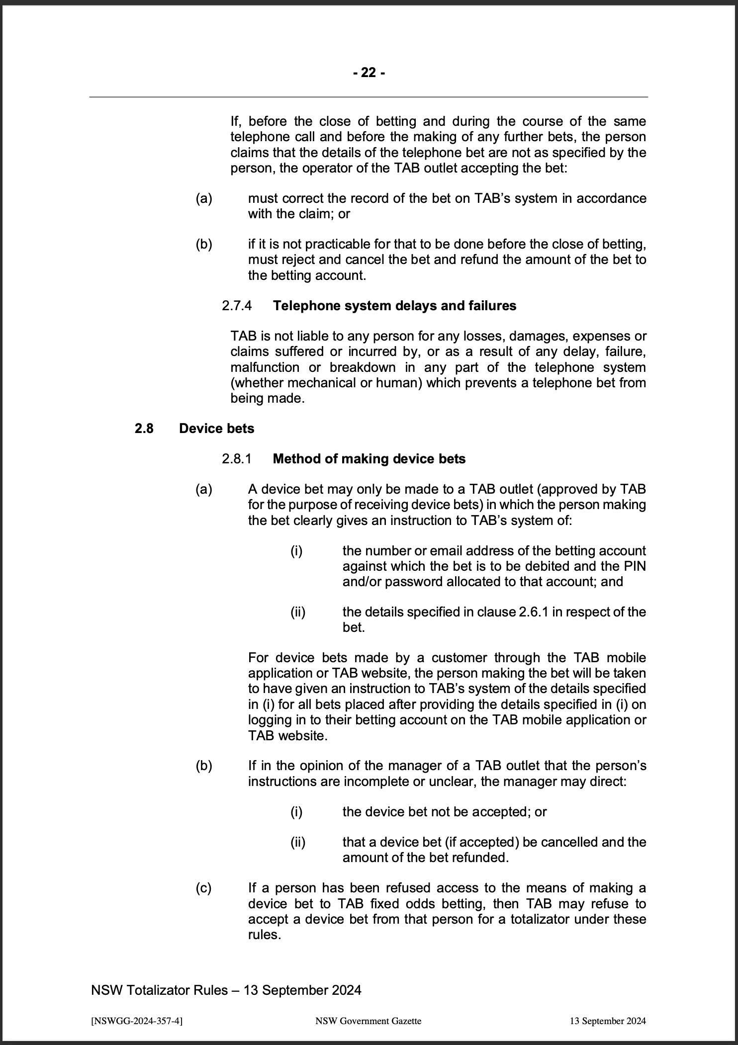 NSW Totalizator Betting Rules (Racing)