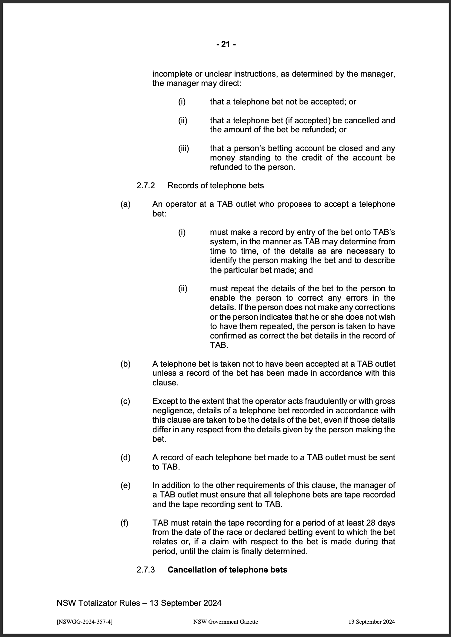 NSW Totalizator Betting Rules (Racing)
