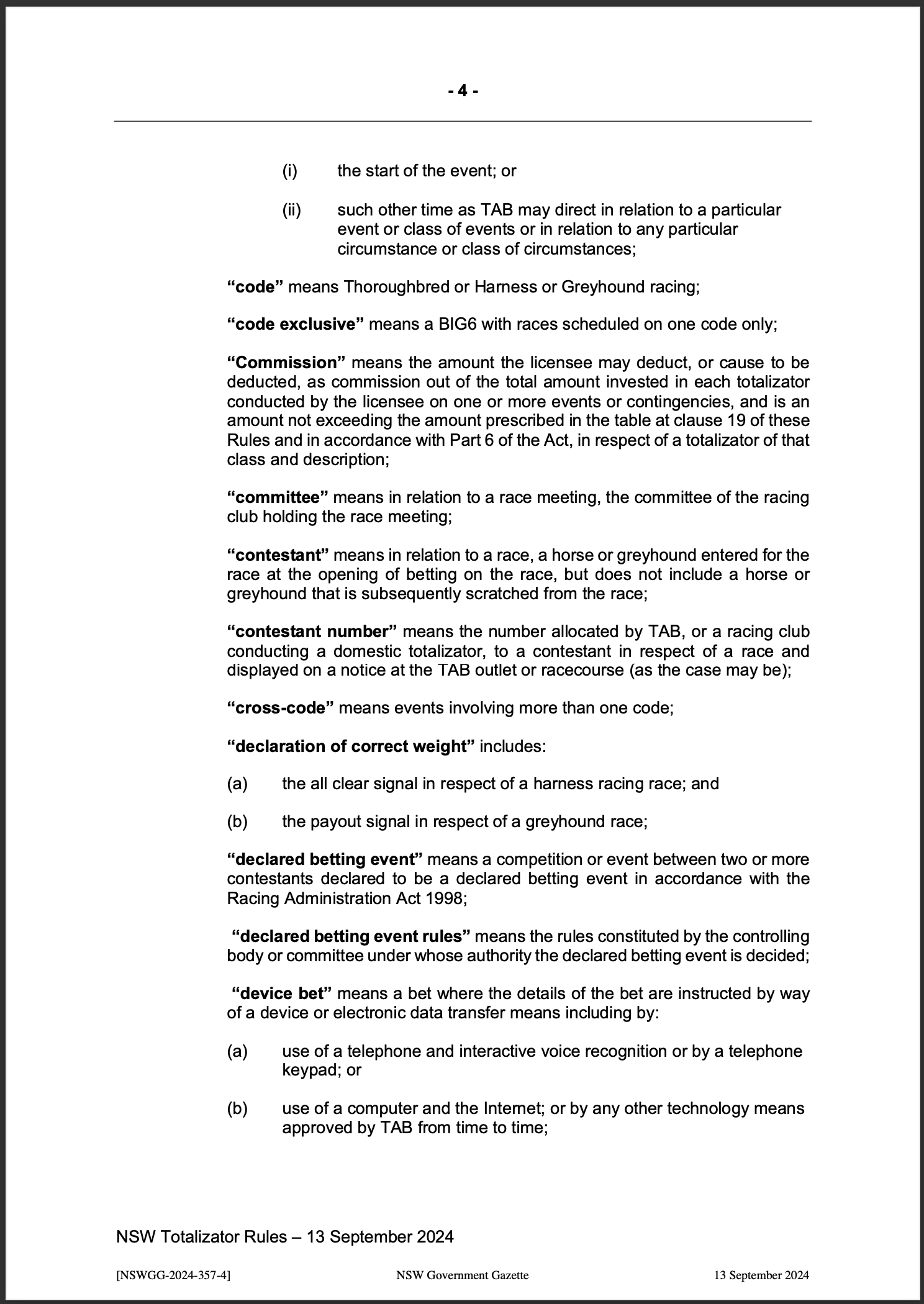 NSW Totalizator Betting Rules (Racing)