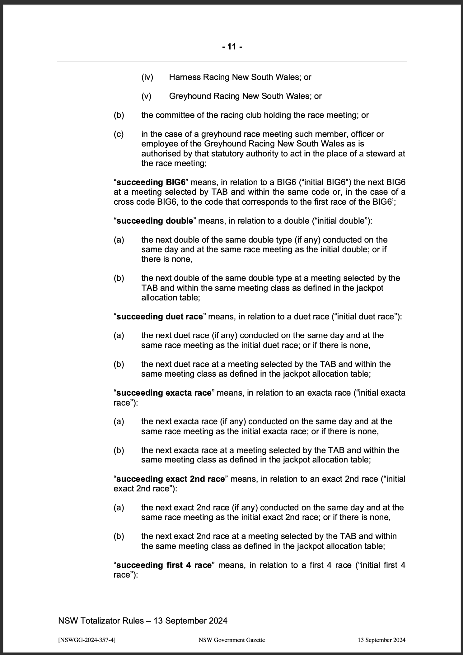 NSW Totalizator Betting Rules (Racing)
