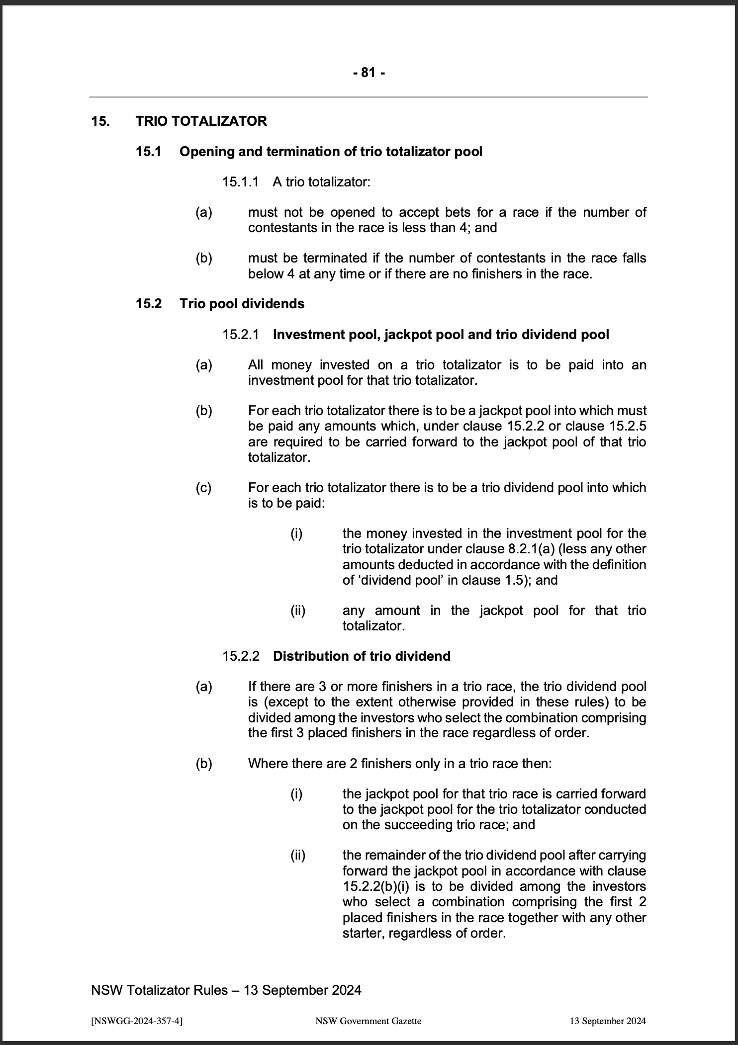 NSW Totalizator Betting Rules (Racing)