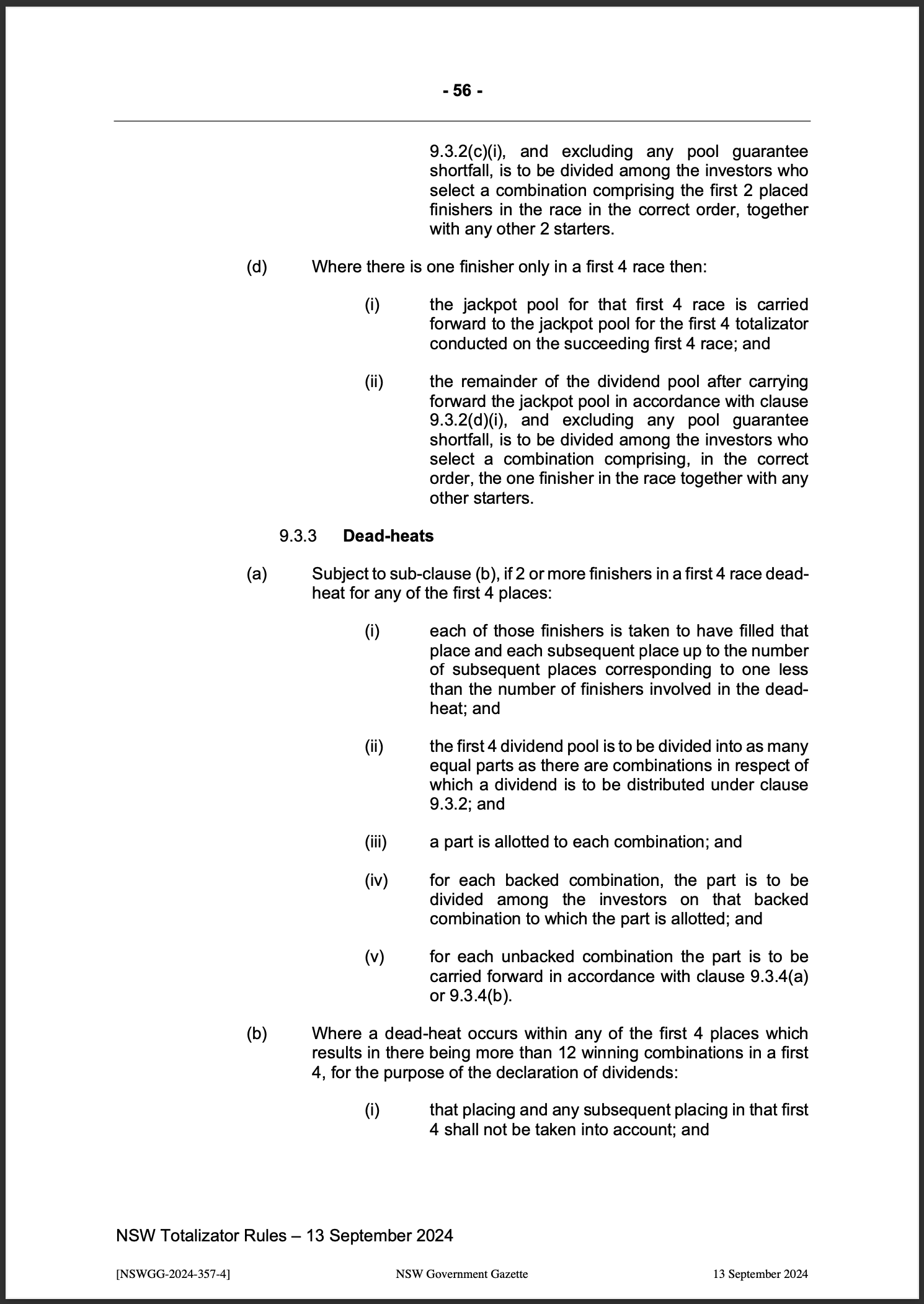 NSW Totalizator Betting Rules (Racing)