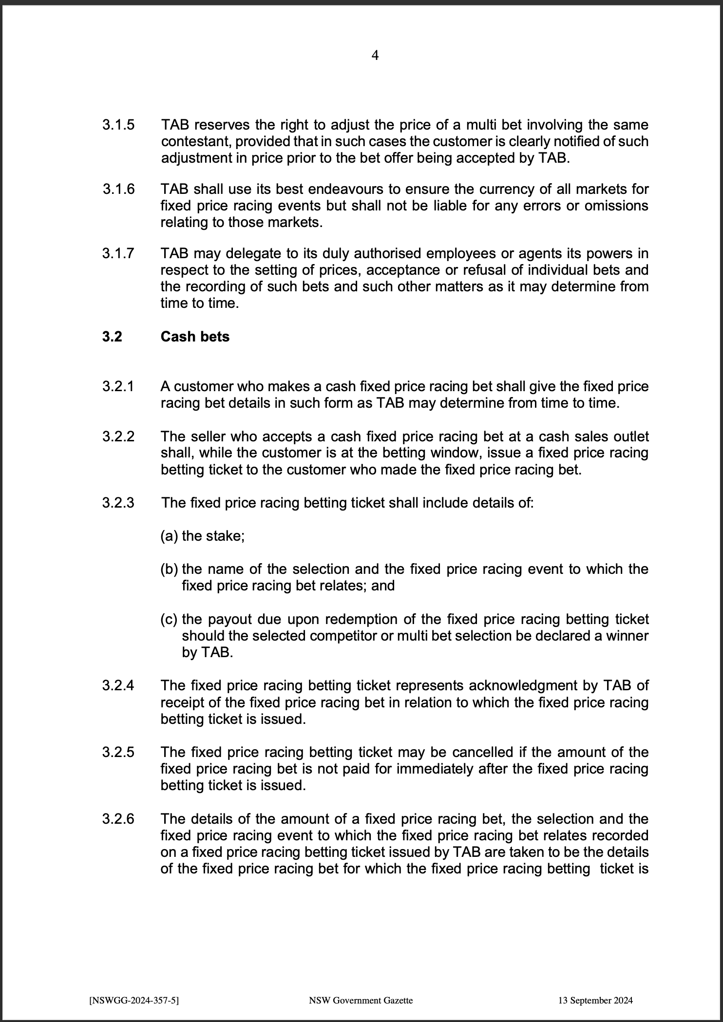 TAB Limited Fixed Price Racing Betting Rules