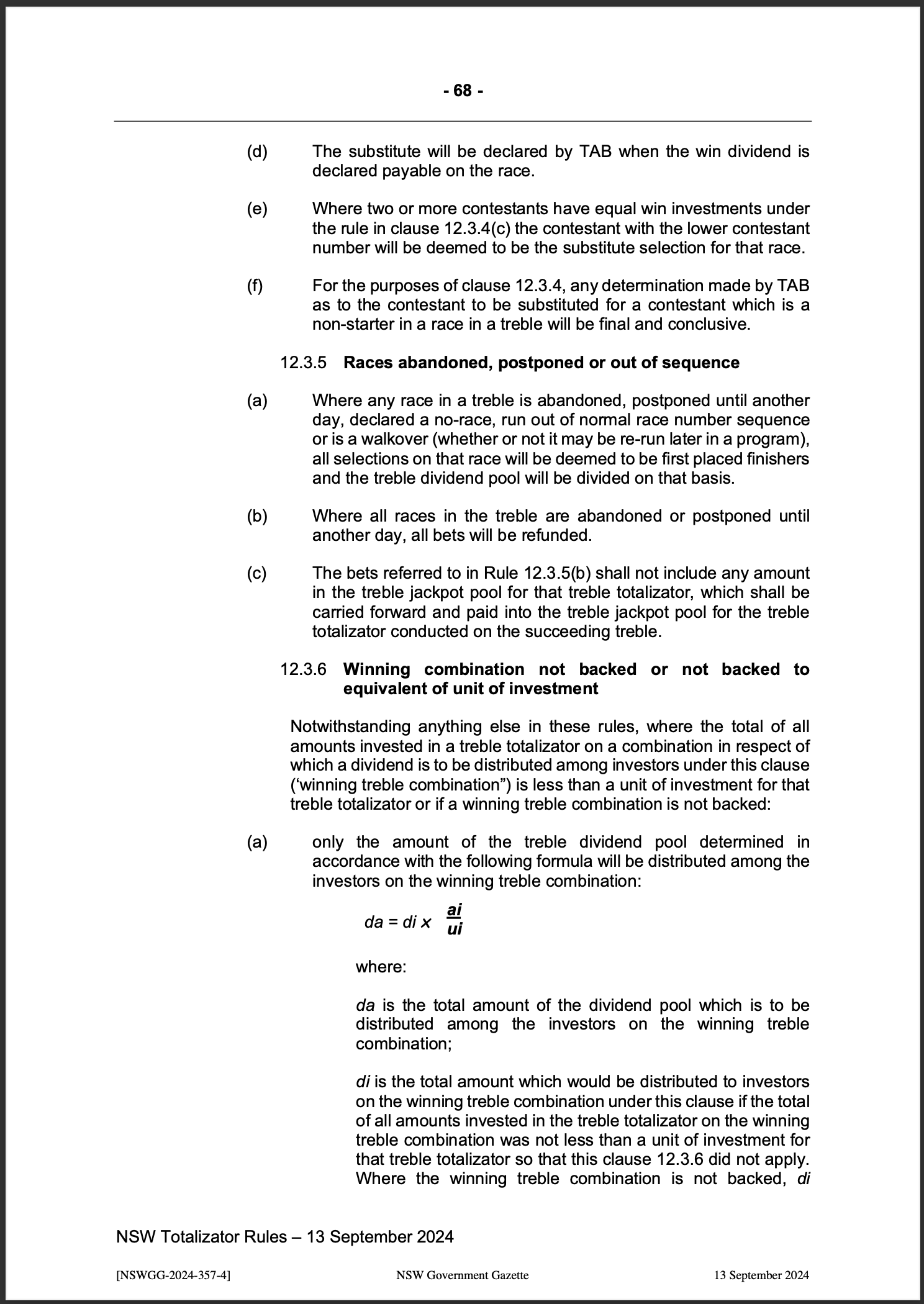 NSW Totalizator Betting Rules (Racing)