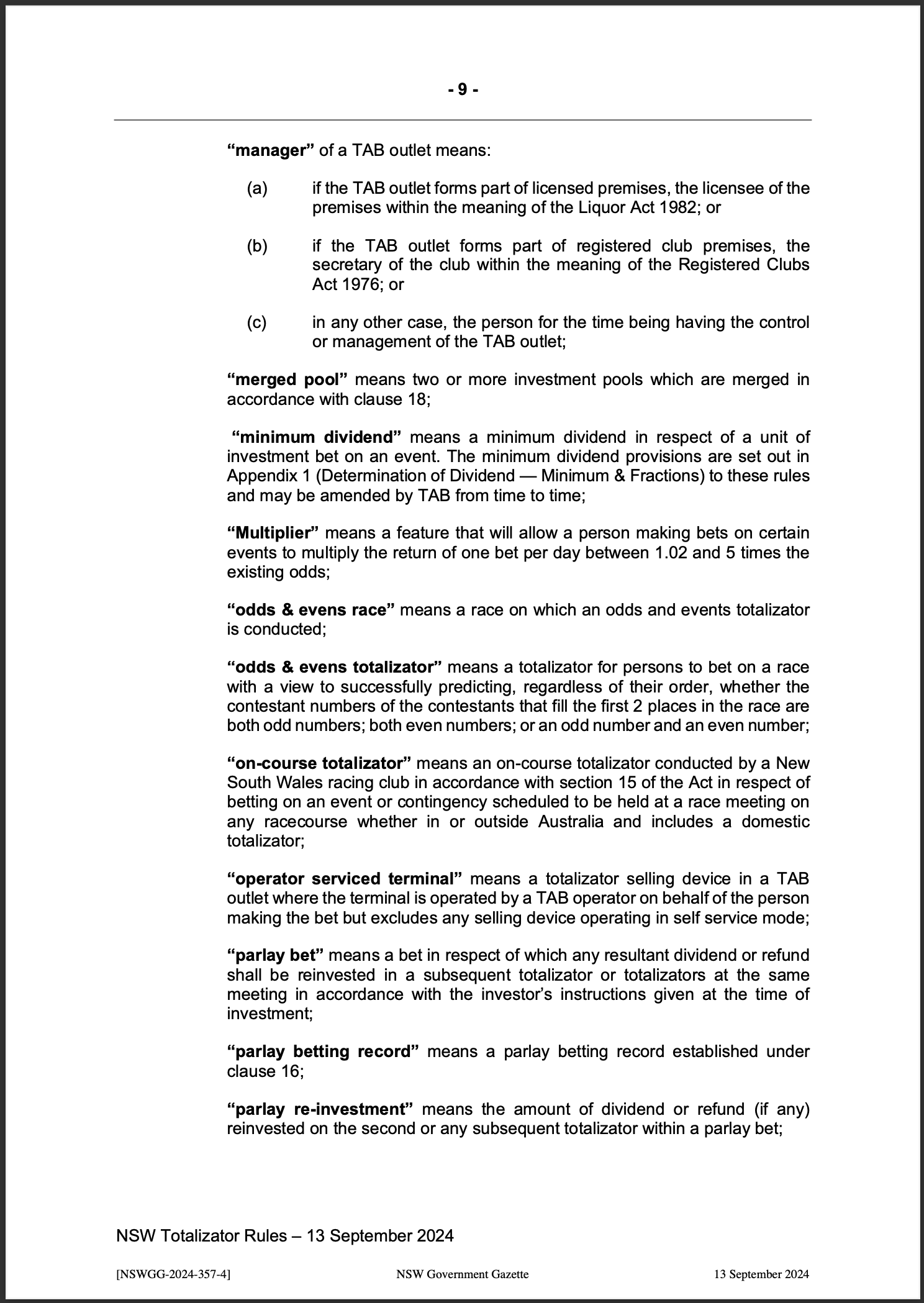 NSW Totalizator Betting Rules (Racing)