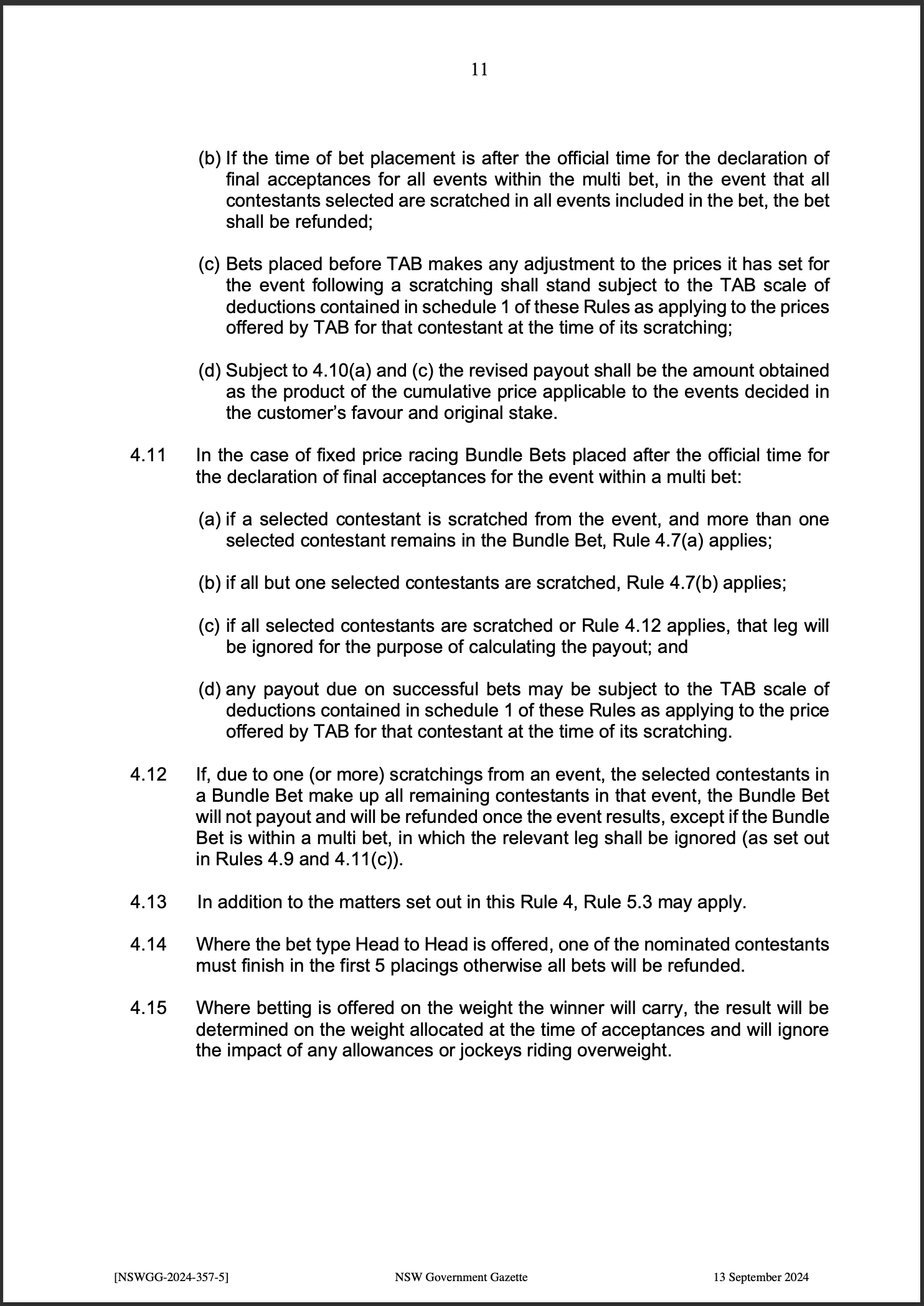 TAB Limited Fixed Price Racing Betting Rules