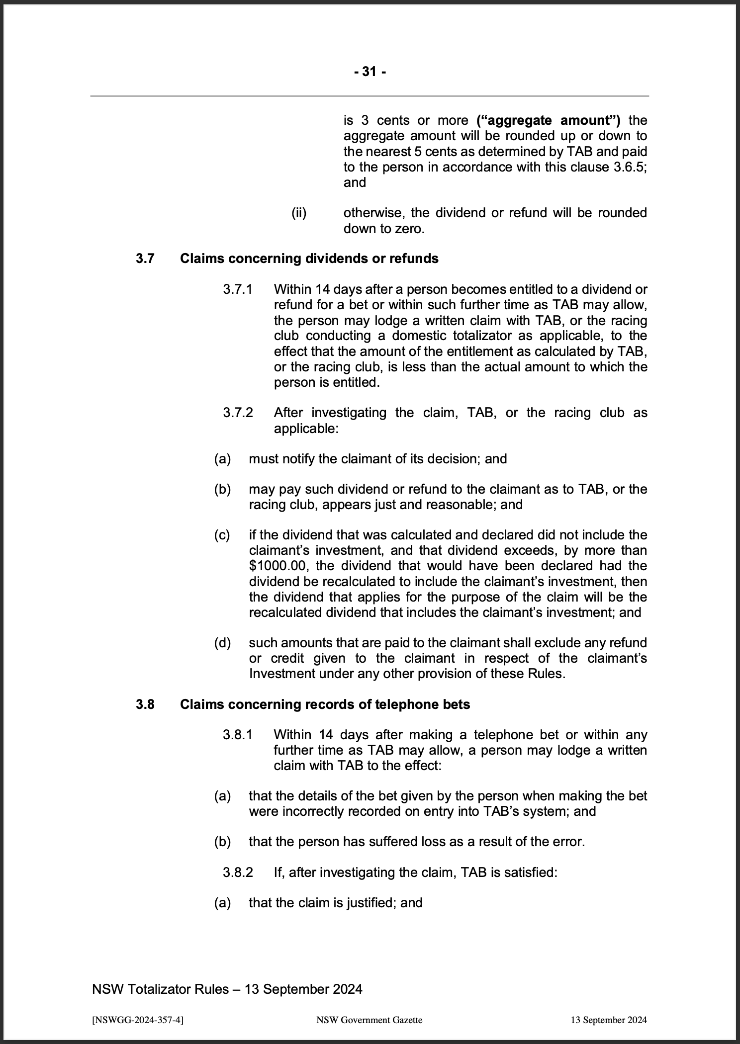 NSW Totalizator Betting Rules (Racing)