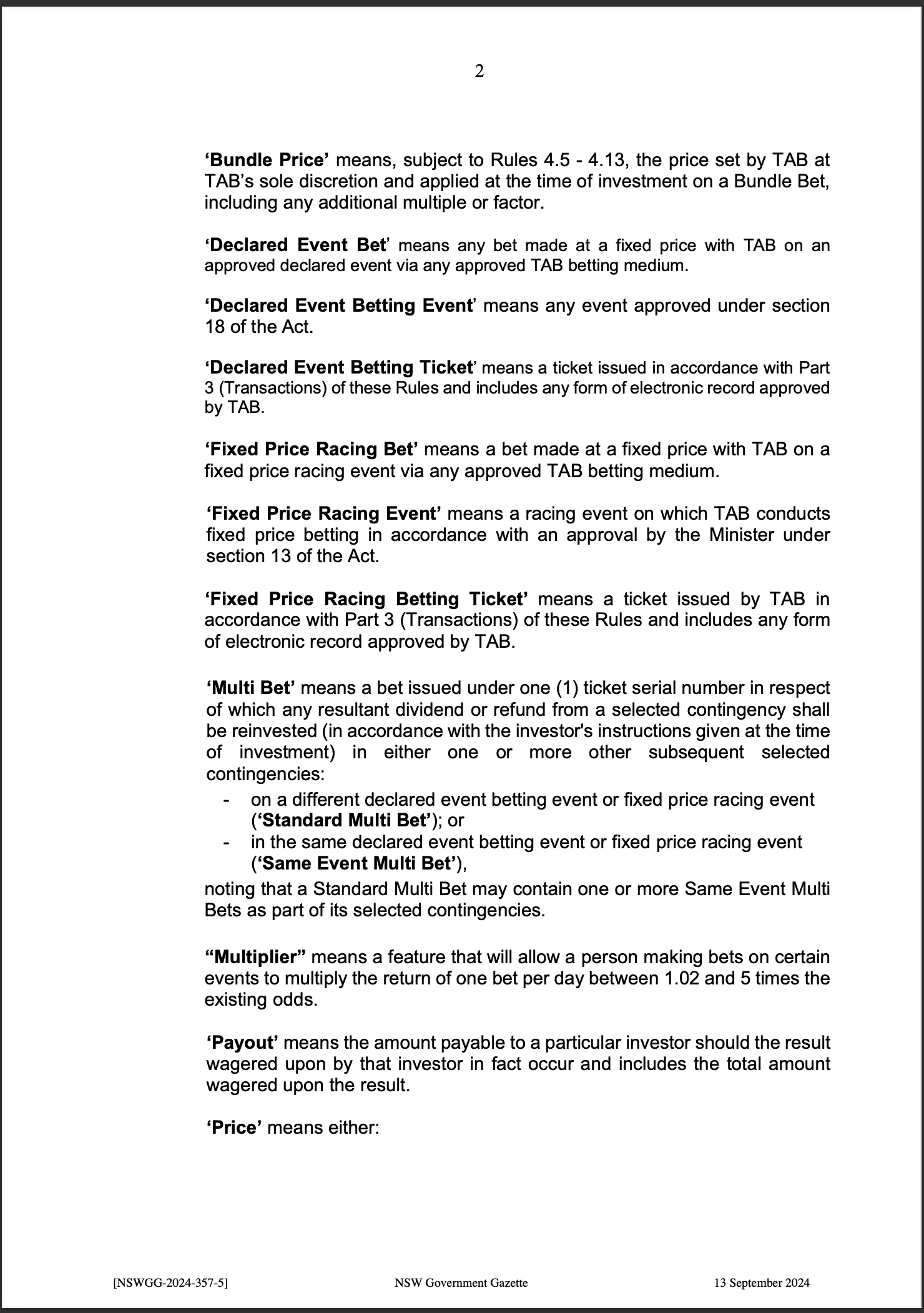 TAB Limited Fixed Price Racing Betting Rules