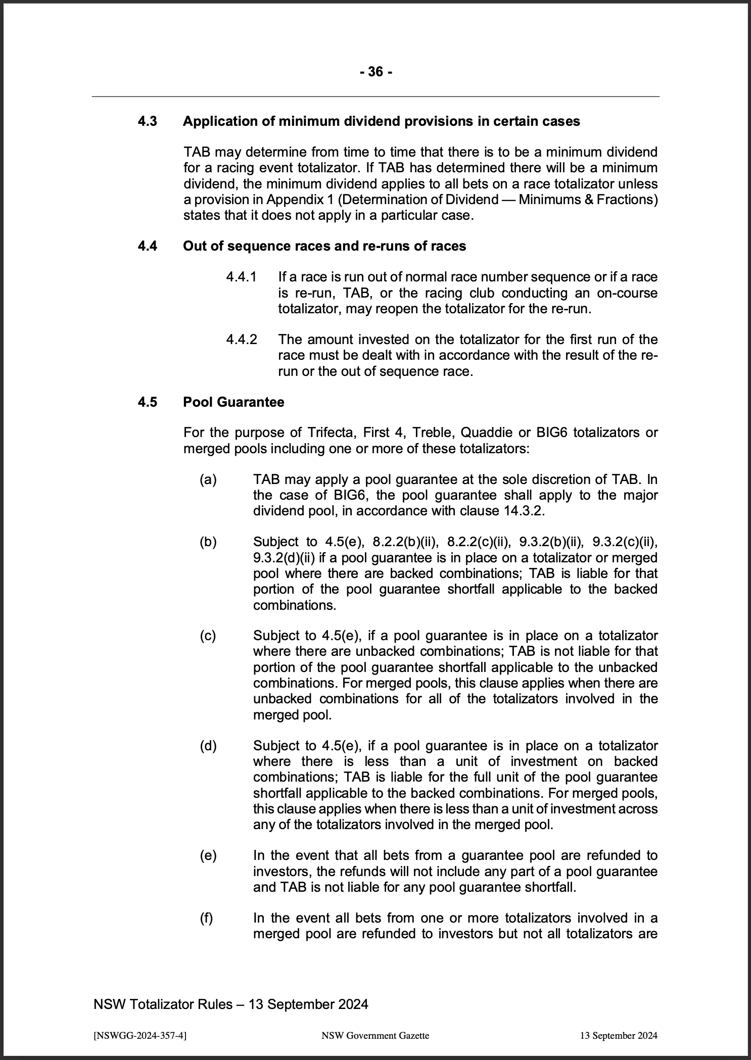 NSW Totalizator Betting Rules (Racing)