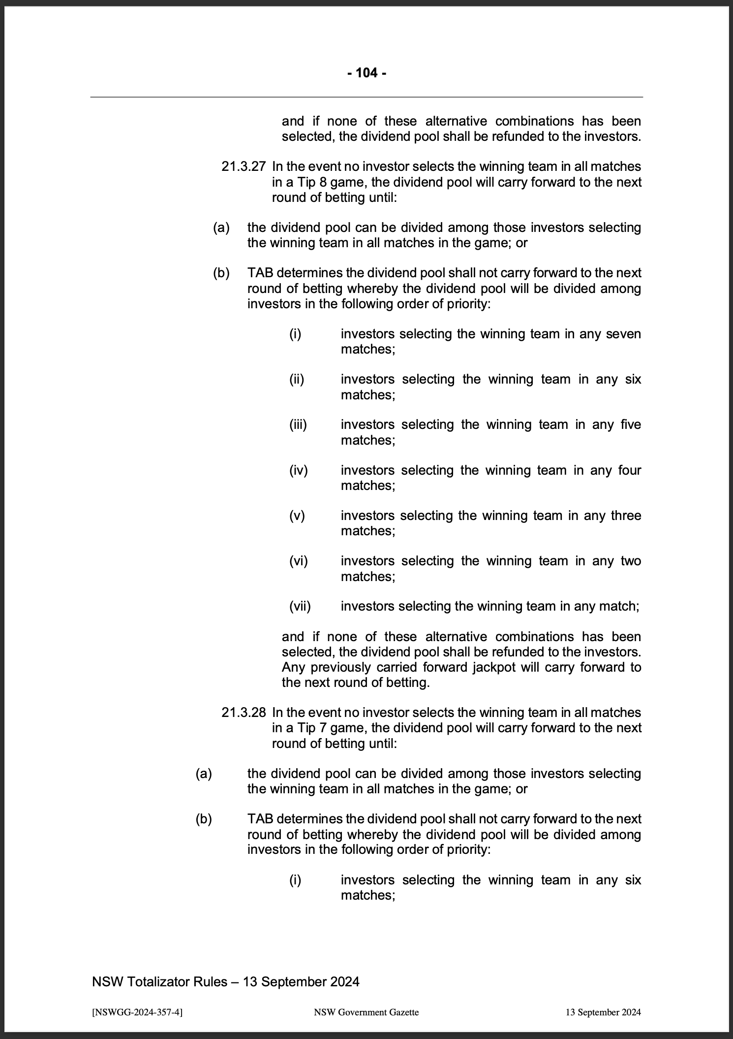 NSW Totalizator Betting Rules (Racing)