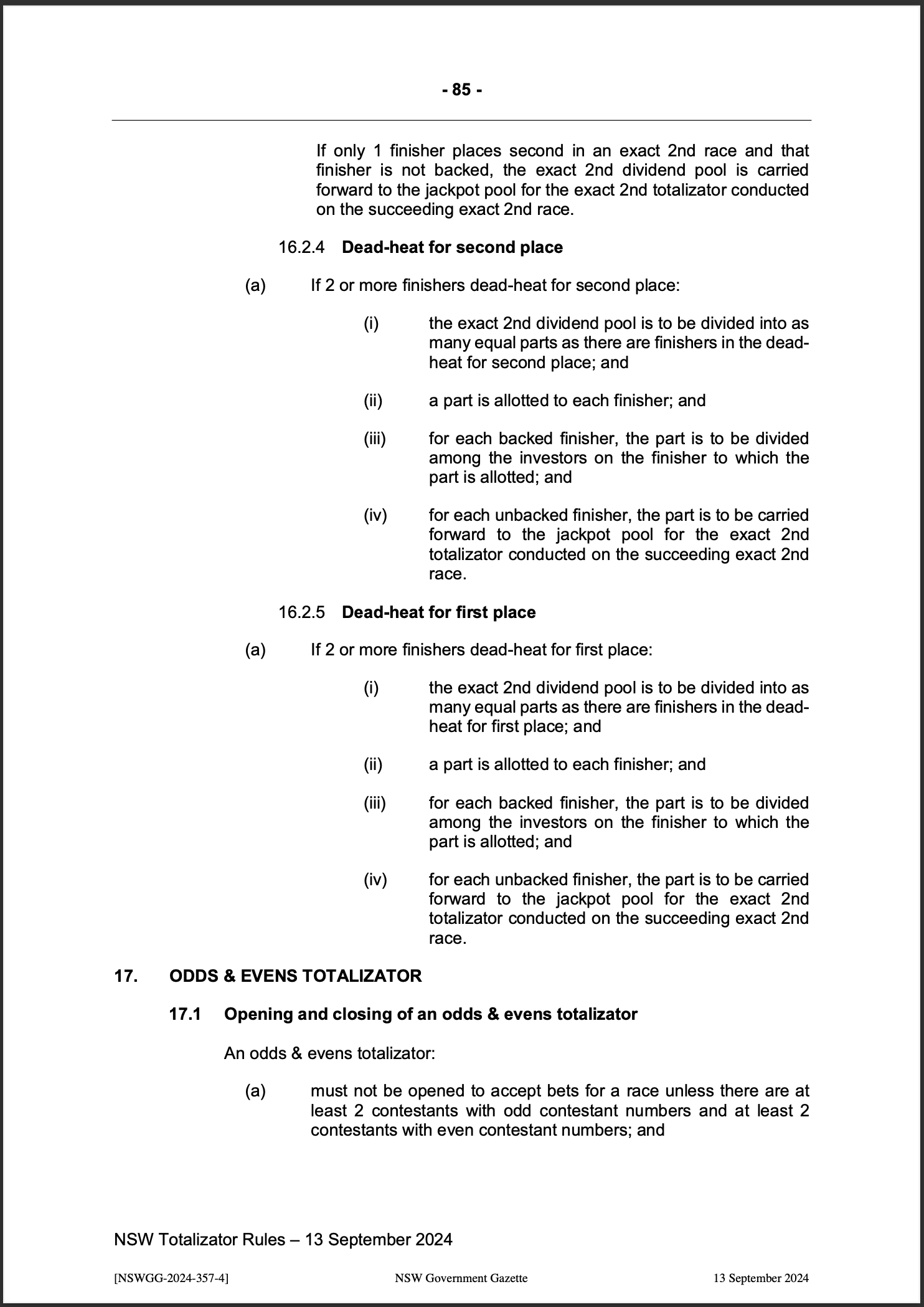 NSW Totalizator Betting Rules (Racing)