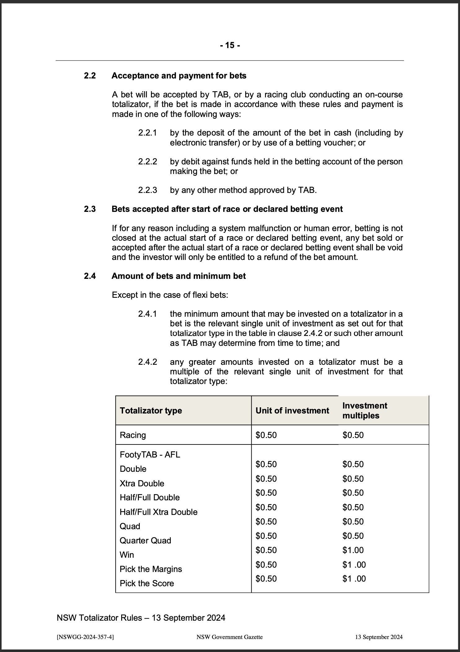 NSW Totalizator Betting Rules (Racing)