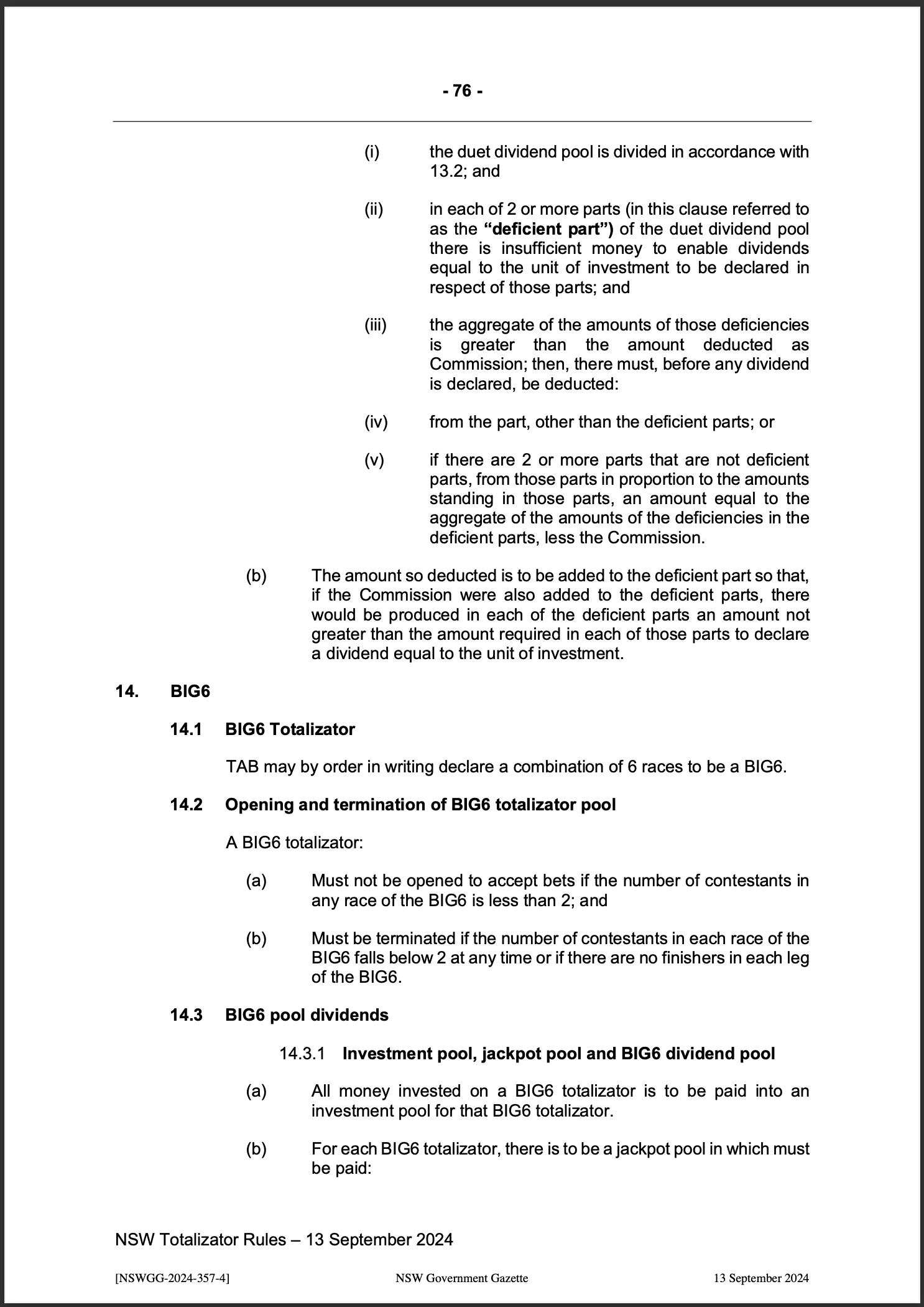 NSW Totalizator Betting Rules (Racing)