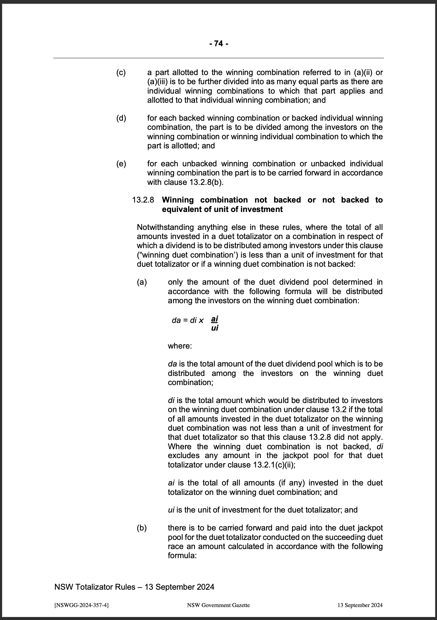 NSW Totalizator Betting Rules (Racing)