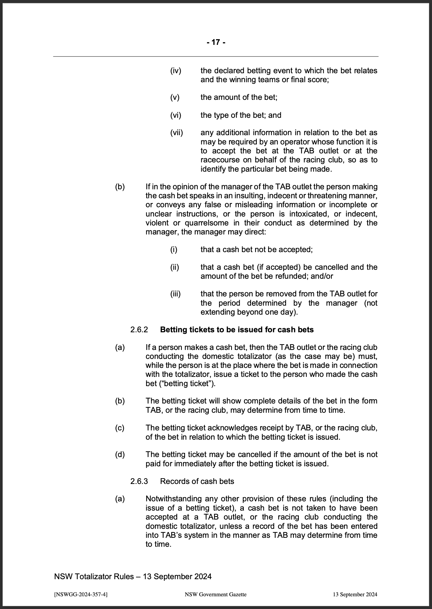 NSW Totalizator Betting Rules (Racing)