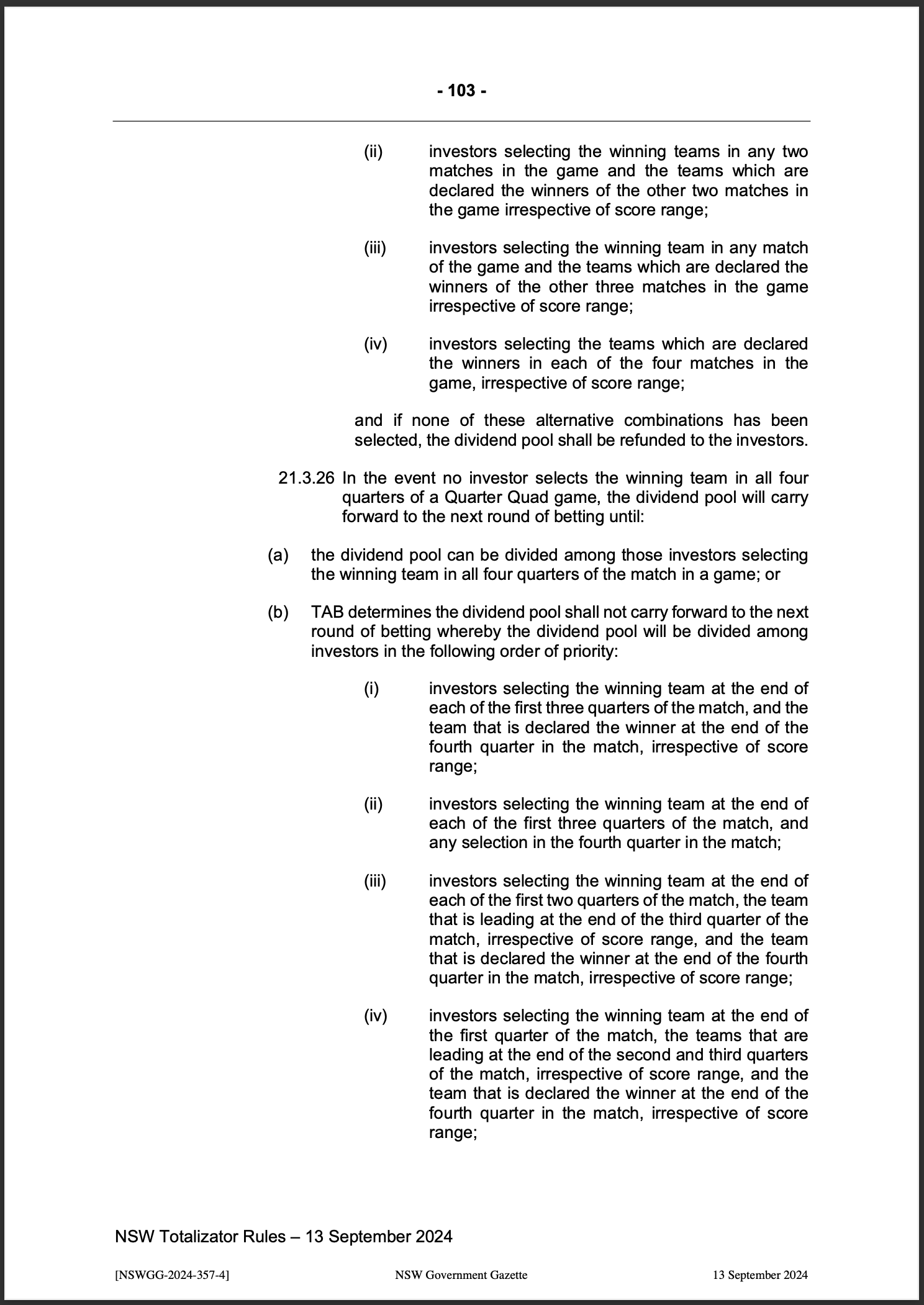 NSW Totalizator Betting Rules (Racing)