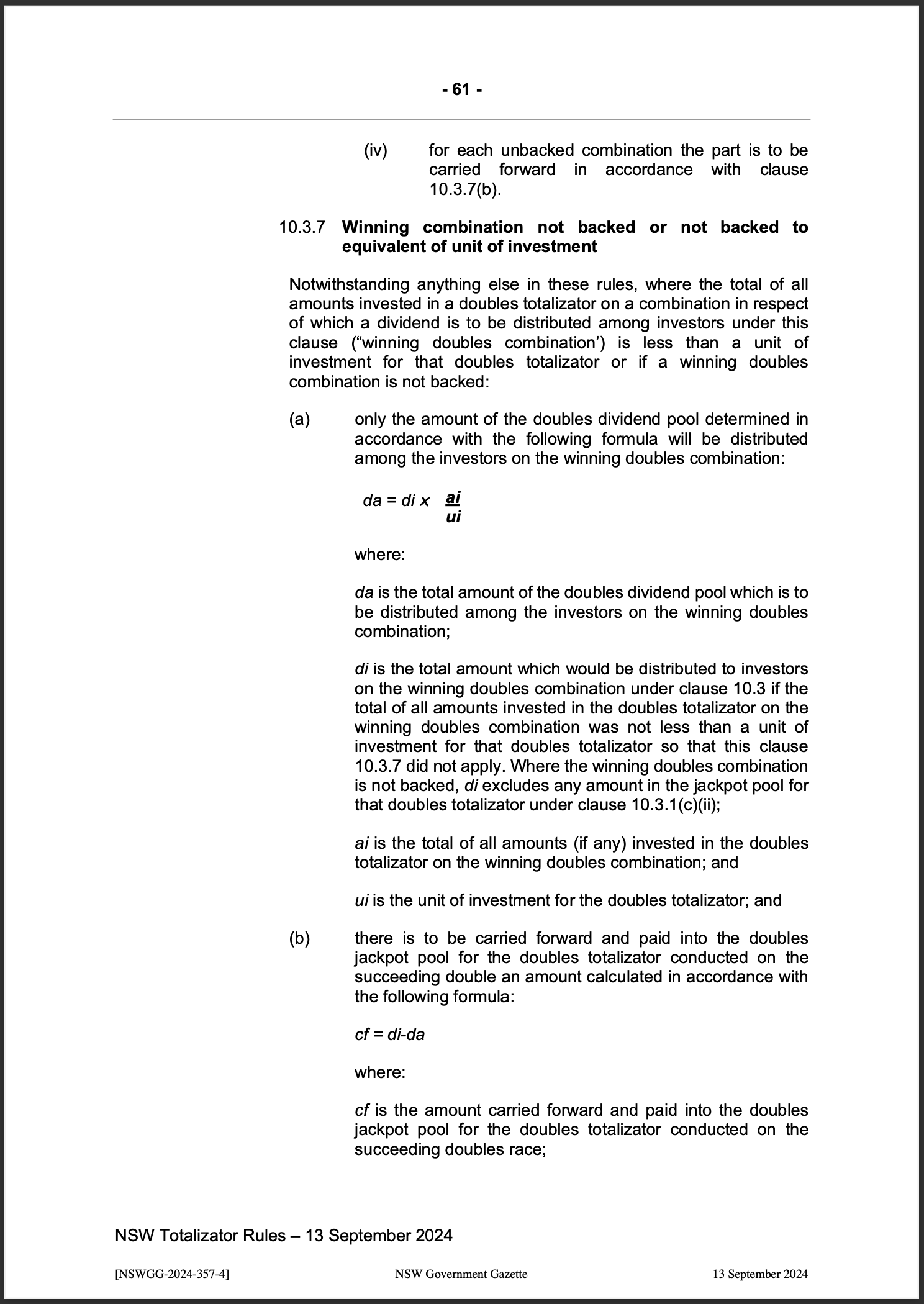 NSW Totalizator Betting Rules (Racing)