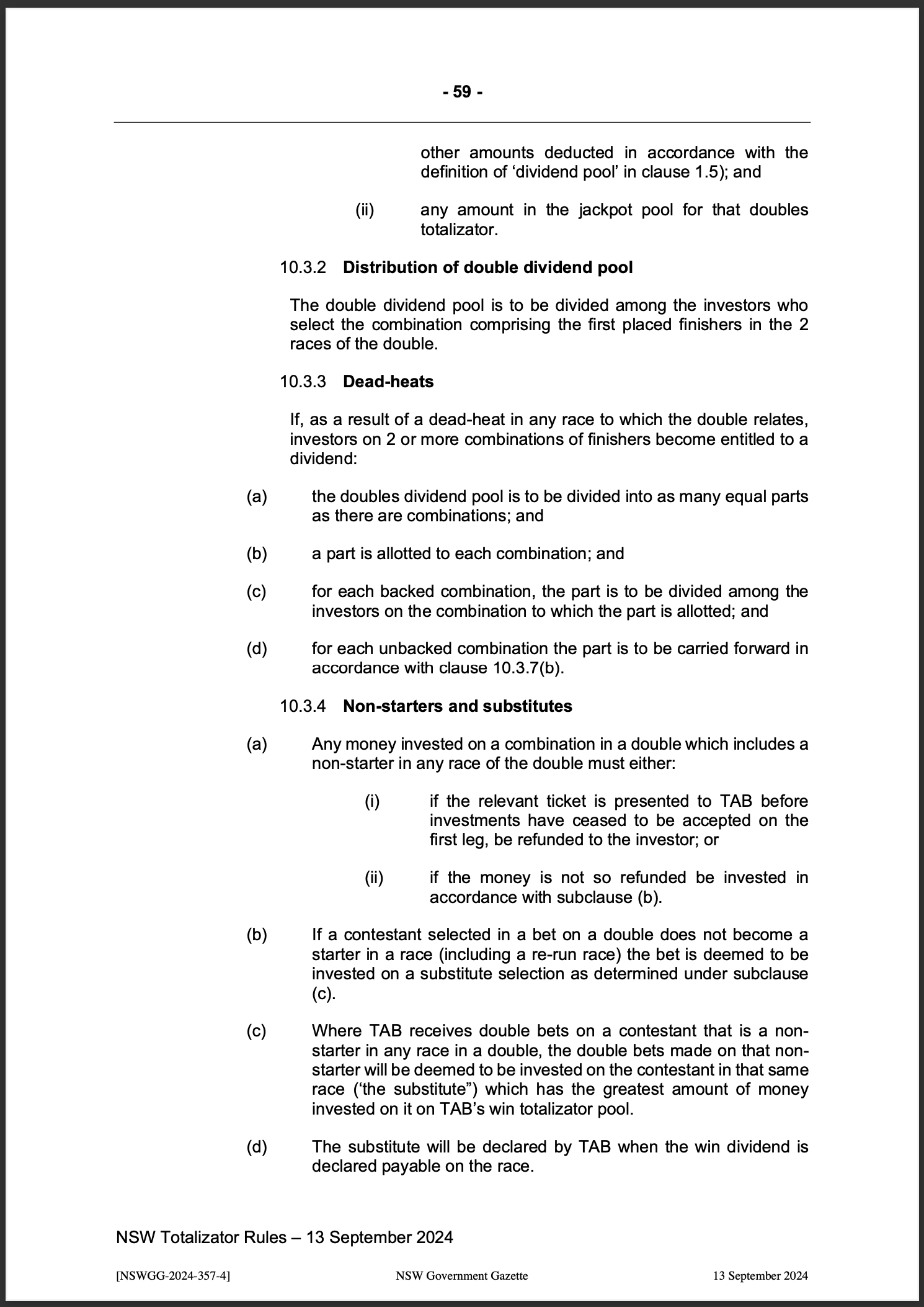NSW Totalizator Betting Rules (Racing)