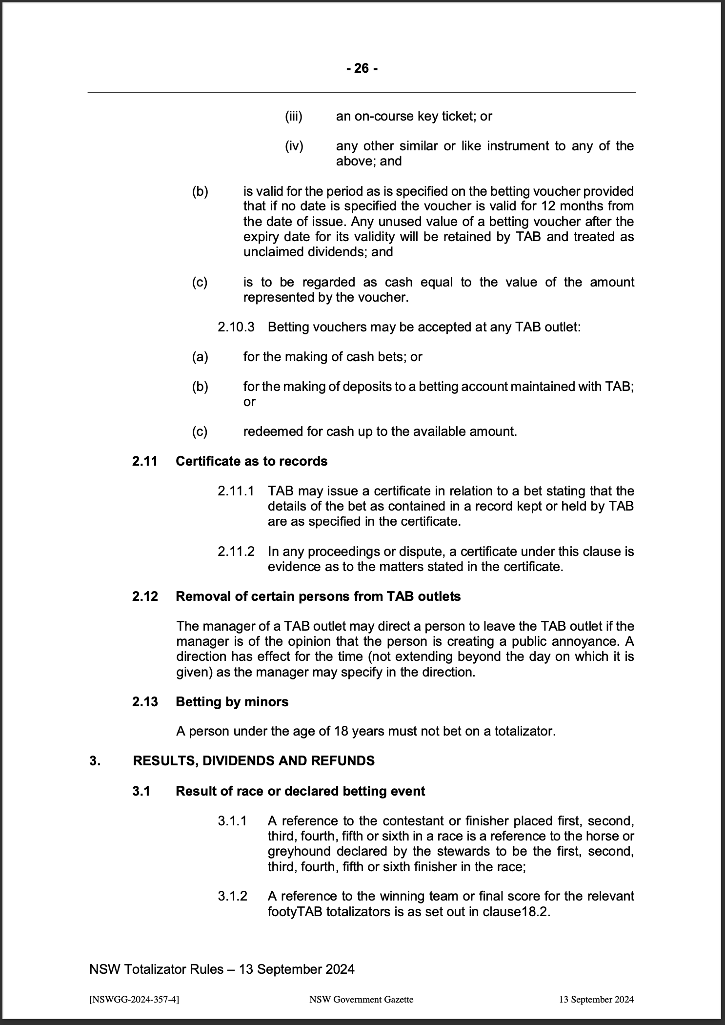 NSW Totalizator Betting Rules (Racing)