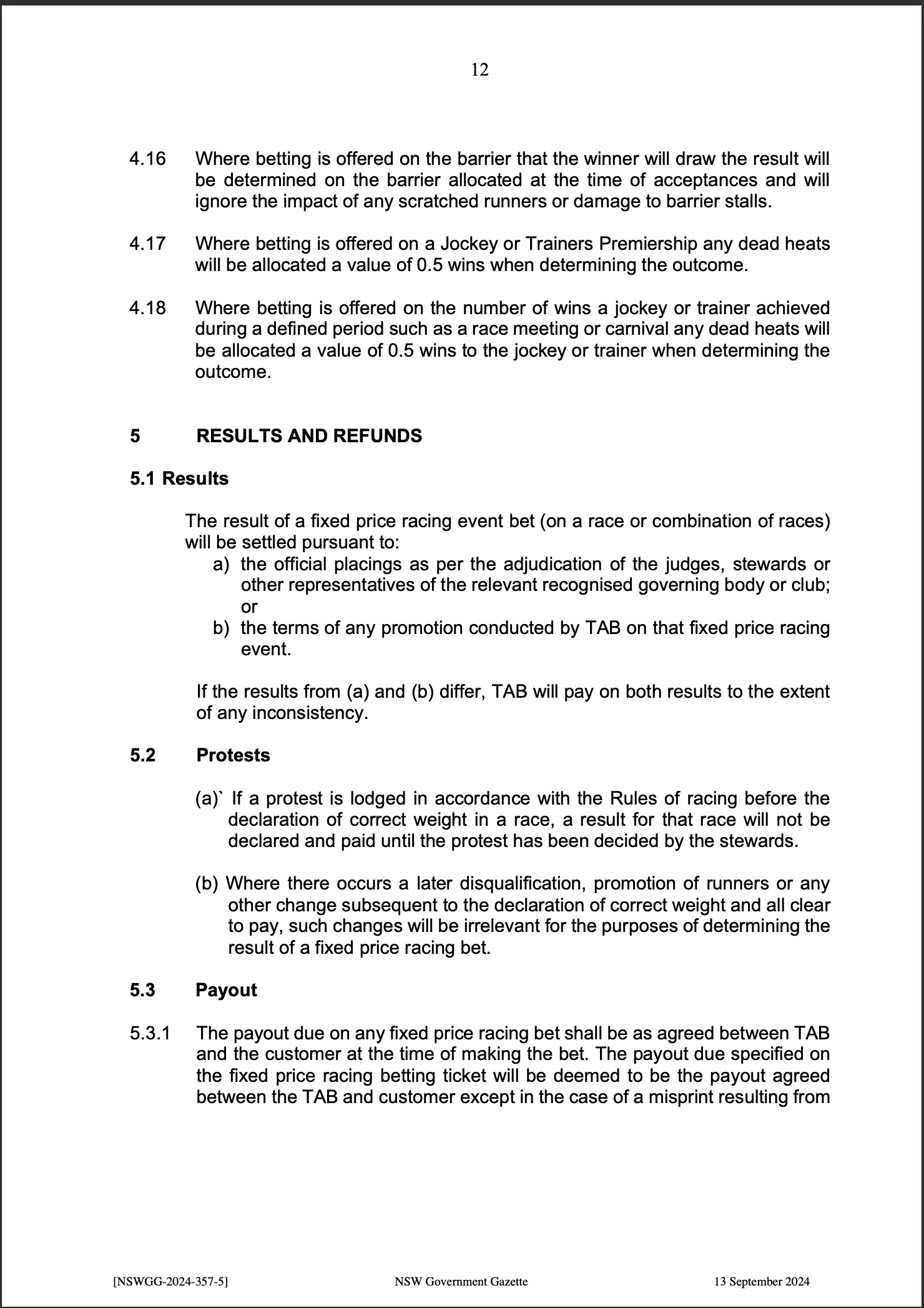 TAB Limited Fixed Price Racing Betting Rules