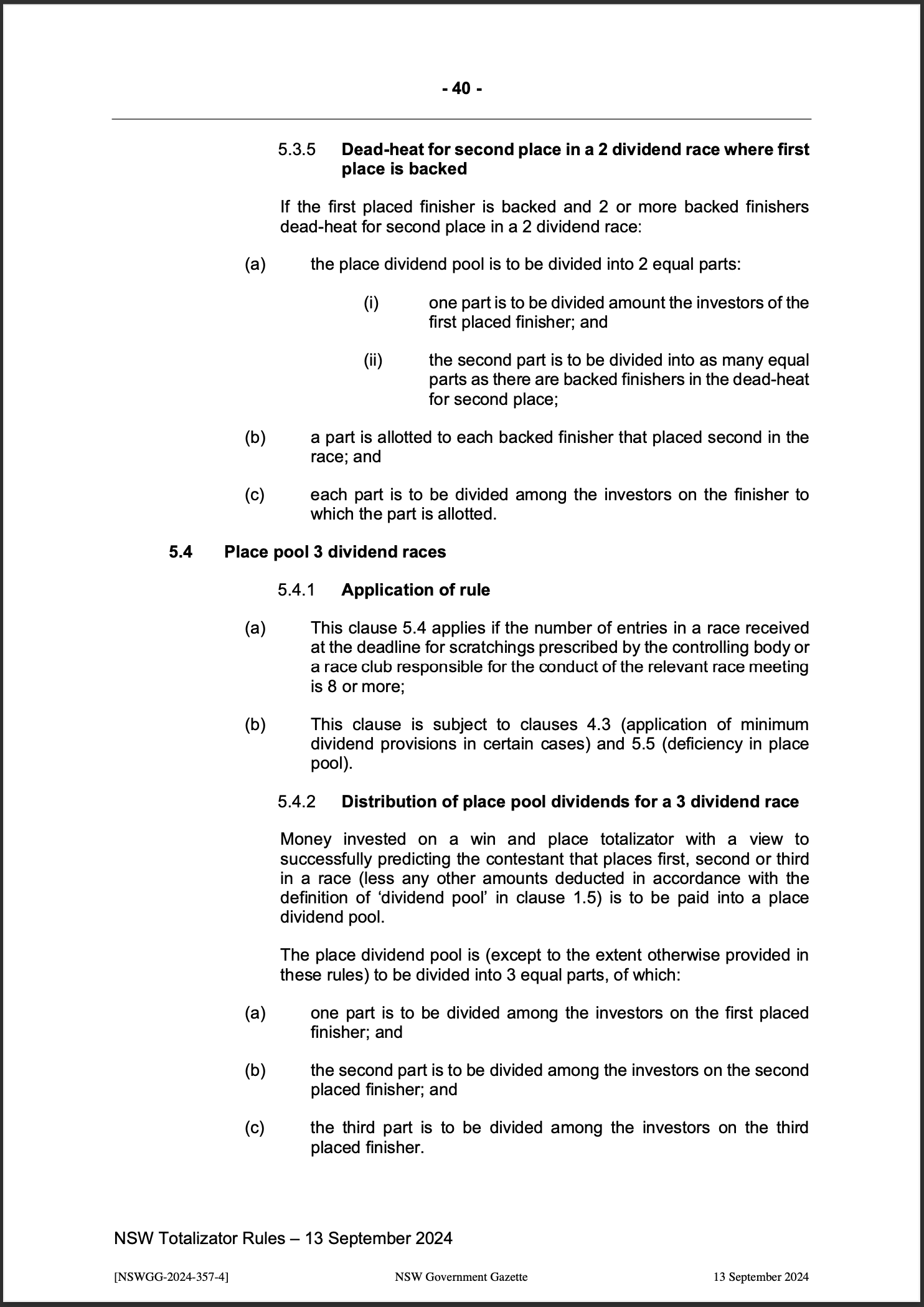 NSW Totalizator Betting Rules (Racing)