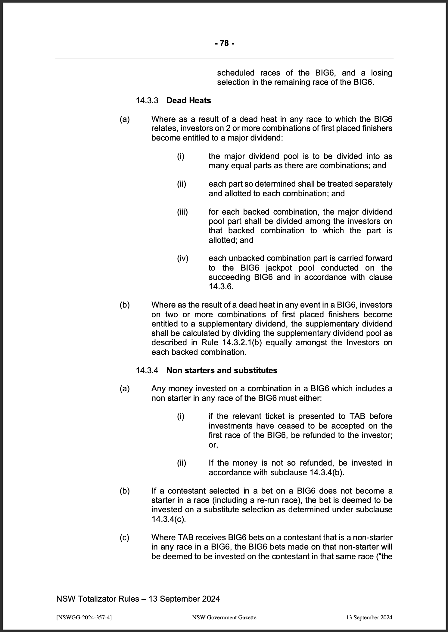 NSW Totalizator Betting Rules (Racing)