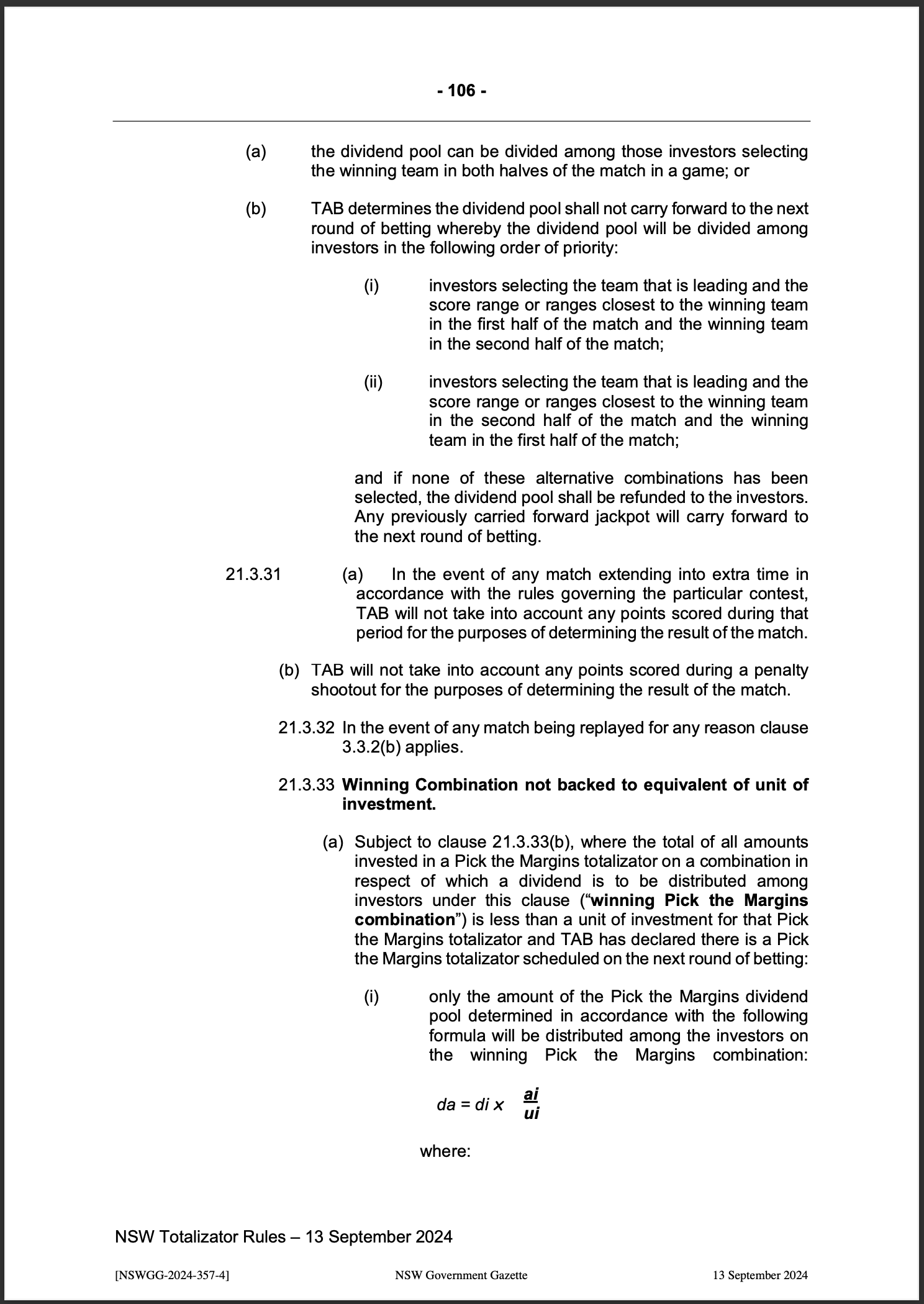 NSW Totalizator Betting Rules (Racing)