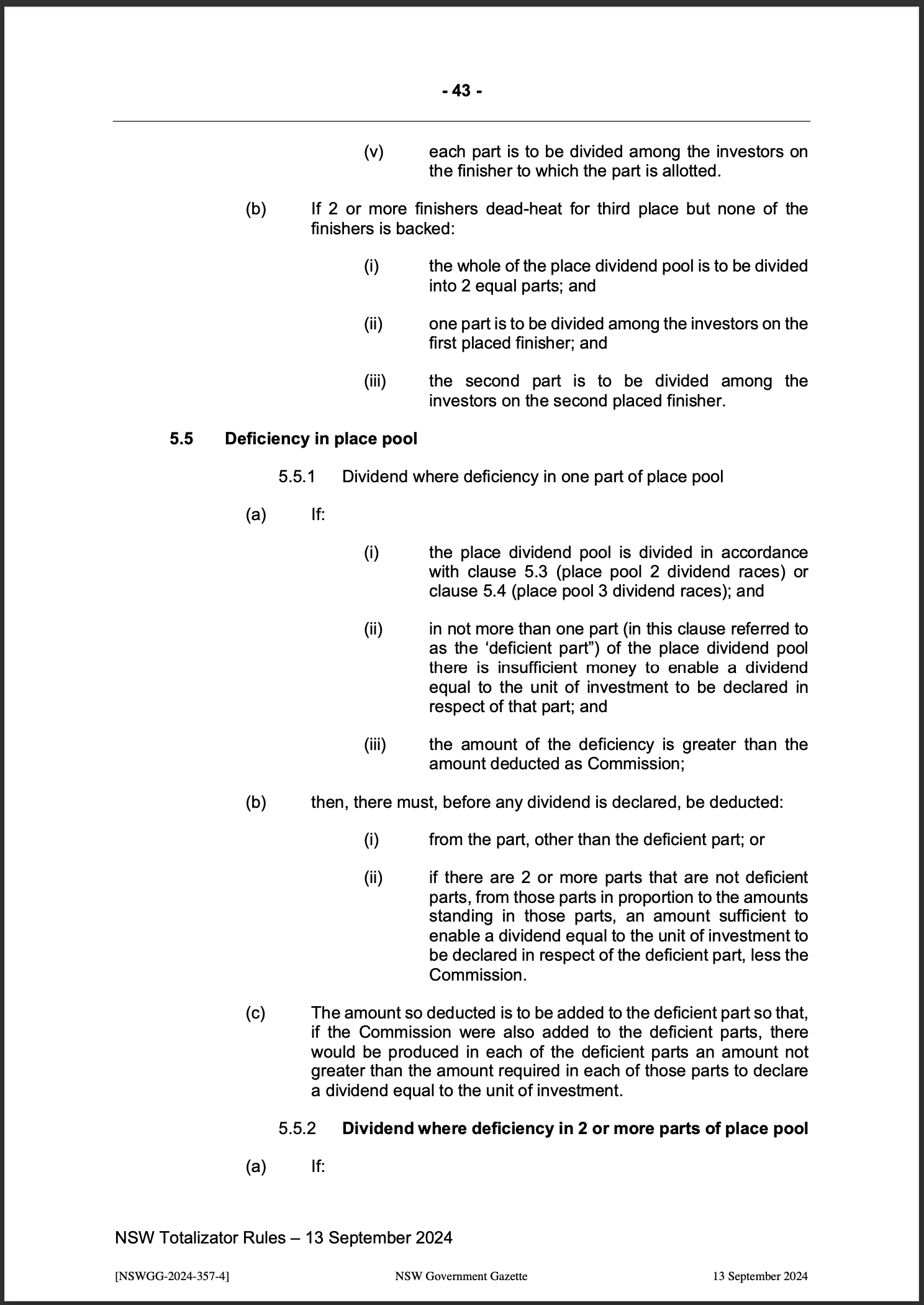 NSW Totalizator Betting Rules (Racing)