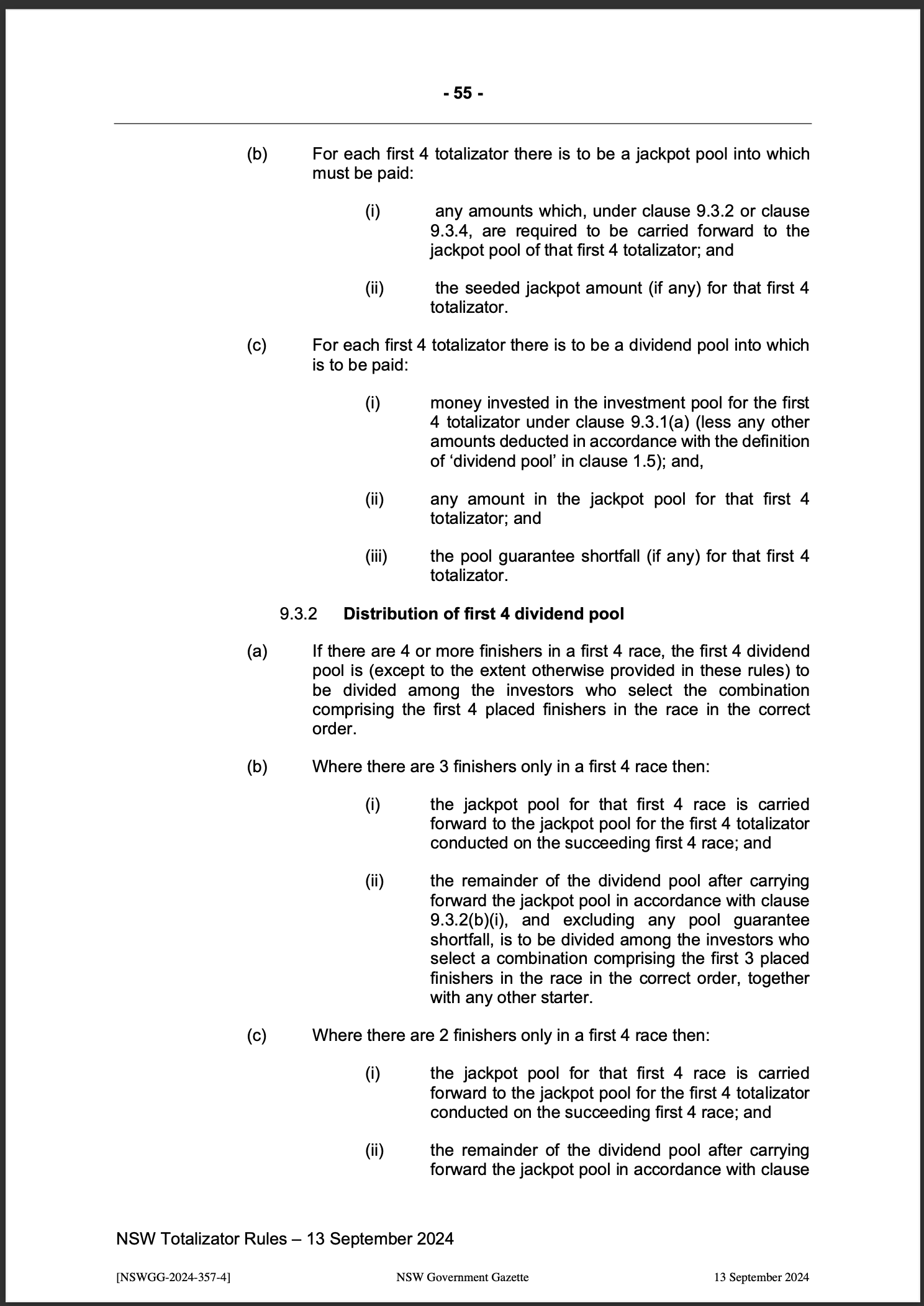NSW Totalizator Betting Rules (Racing)