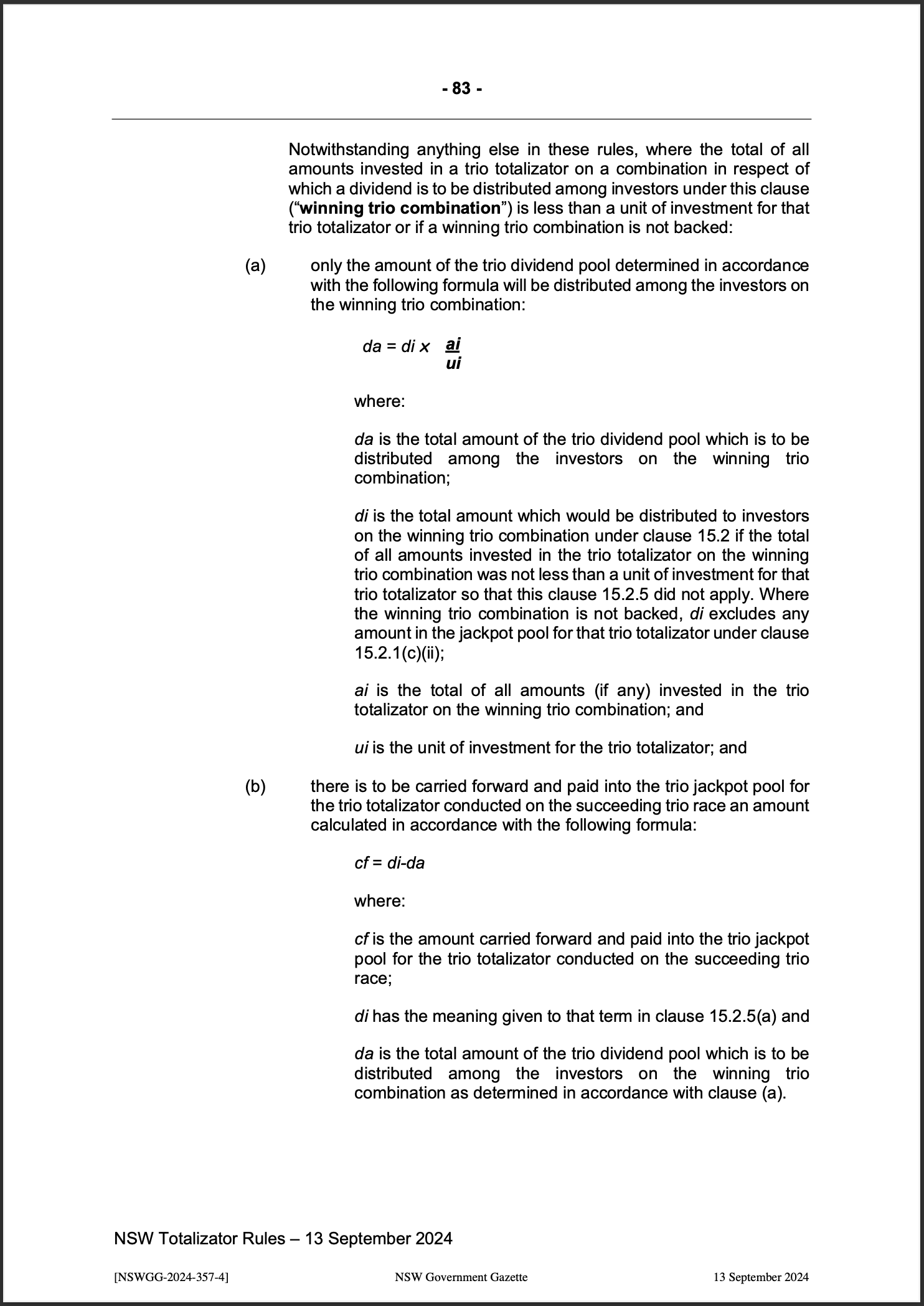 NSW Totalizator Betting Rules (Racing)