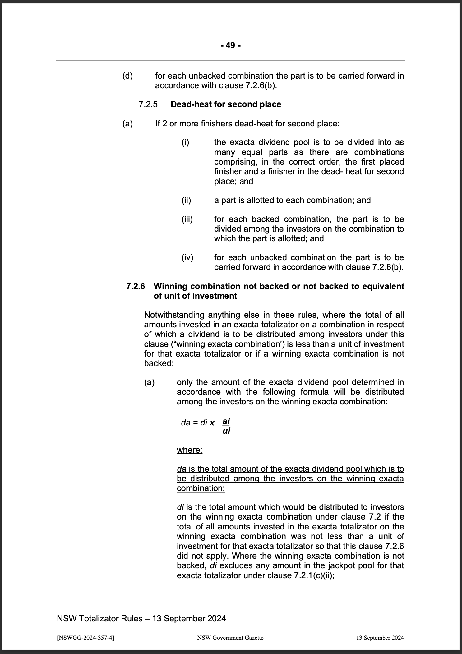 NSW Totalizator Betting Rules (Racing)