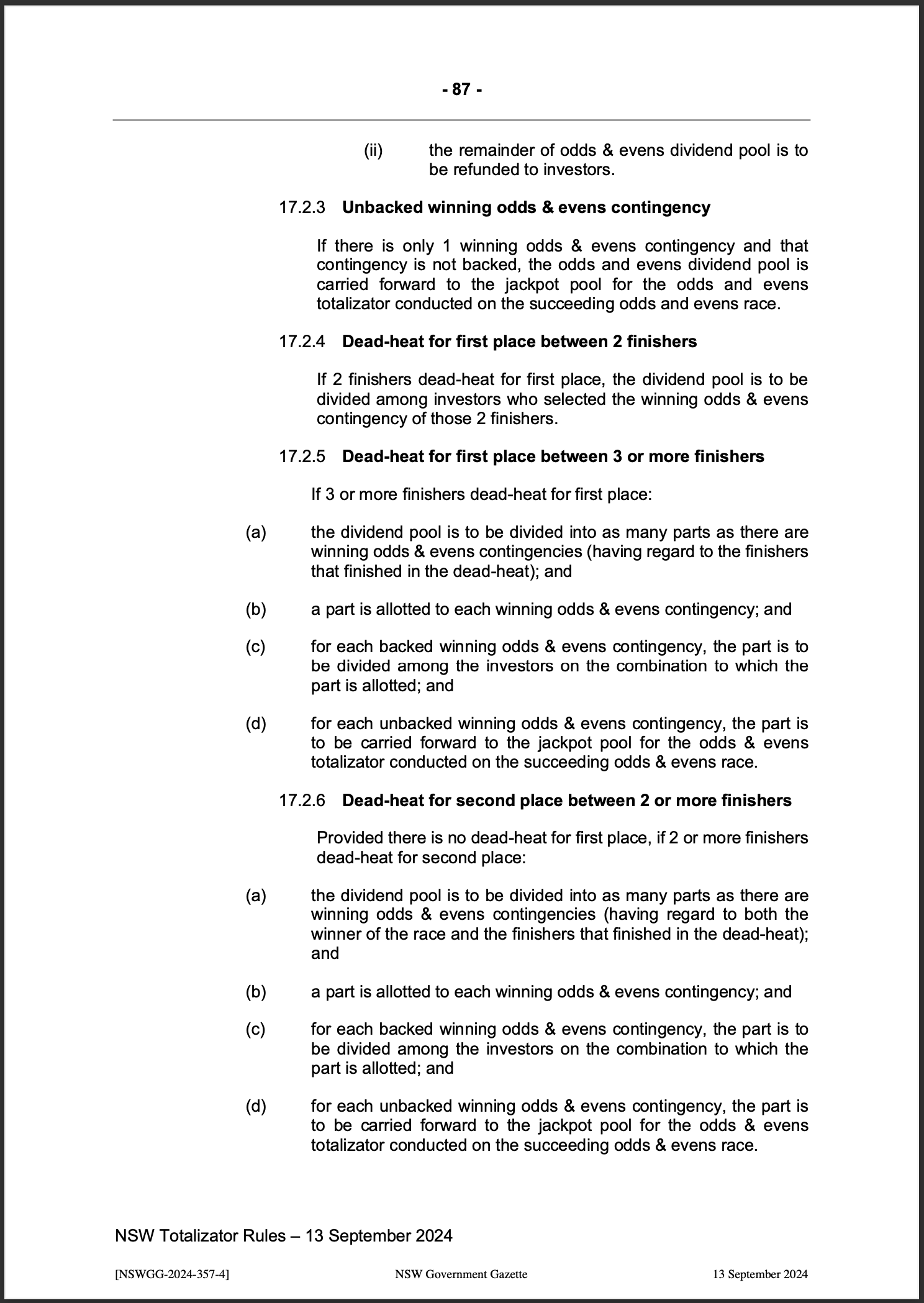 NSW Totalizator Betting Rules (Racing)