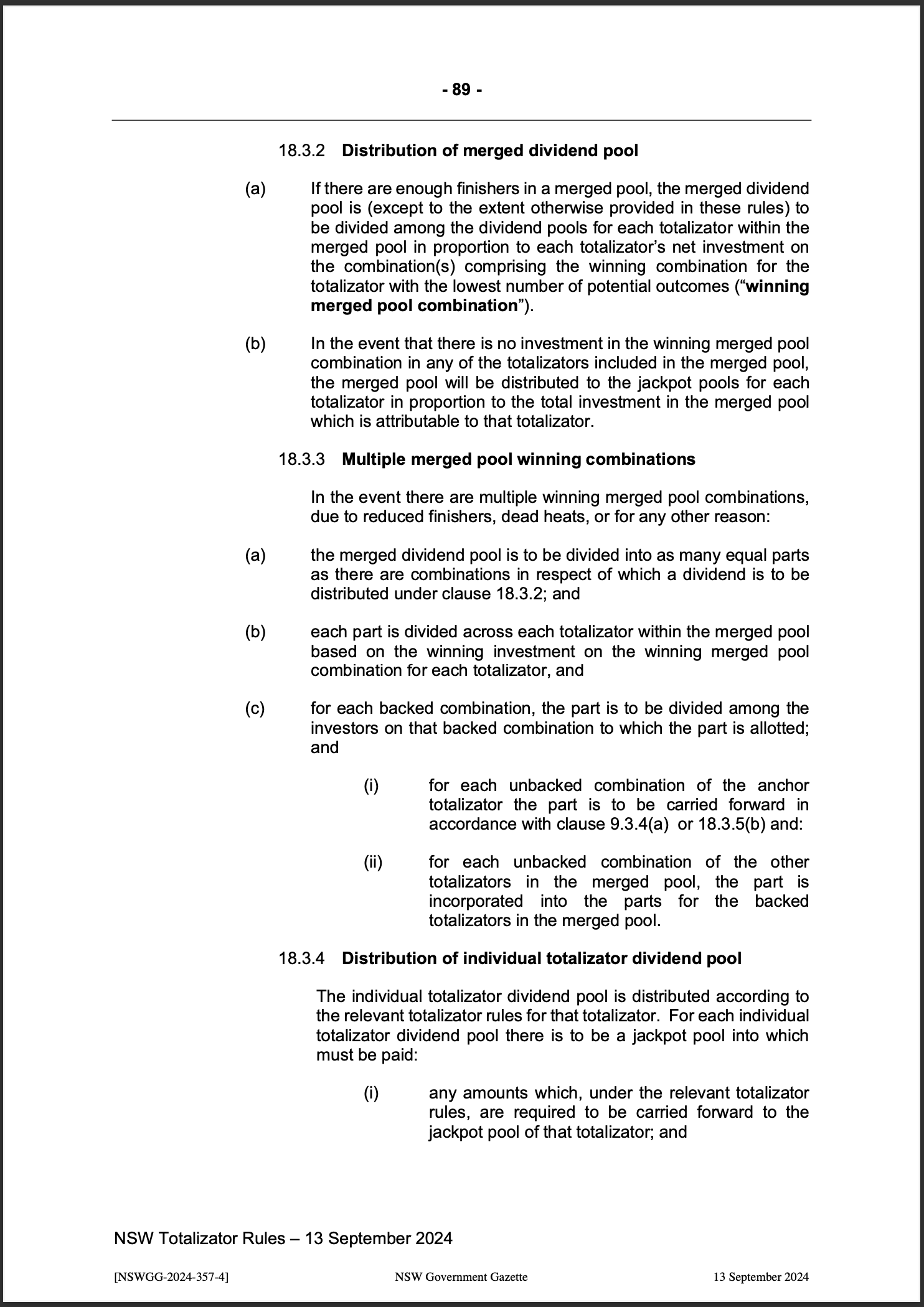 NSW Totalizator Betting Rules (Racing)