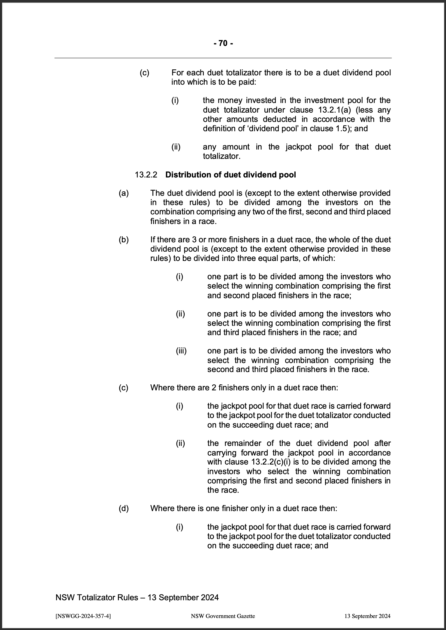 NSW Totalizator Betting Rules (Racing)