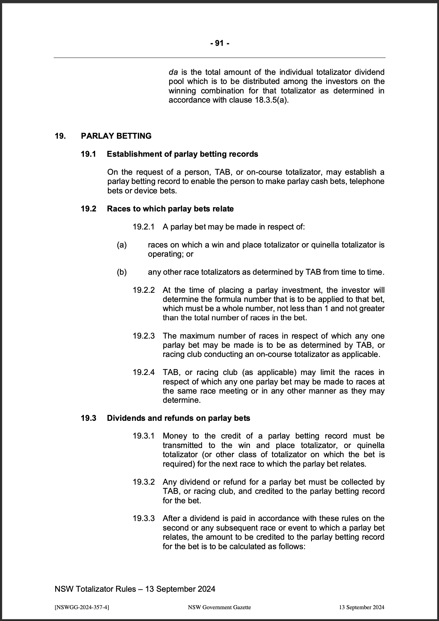 NSW Totalizator Betting Rules (Racing)