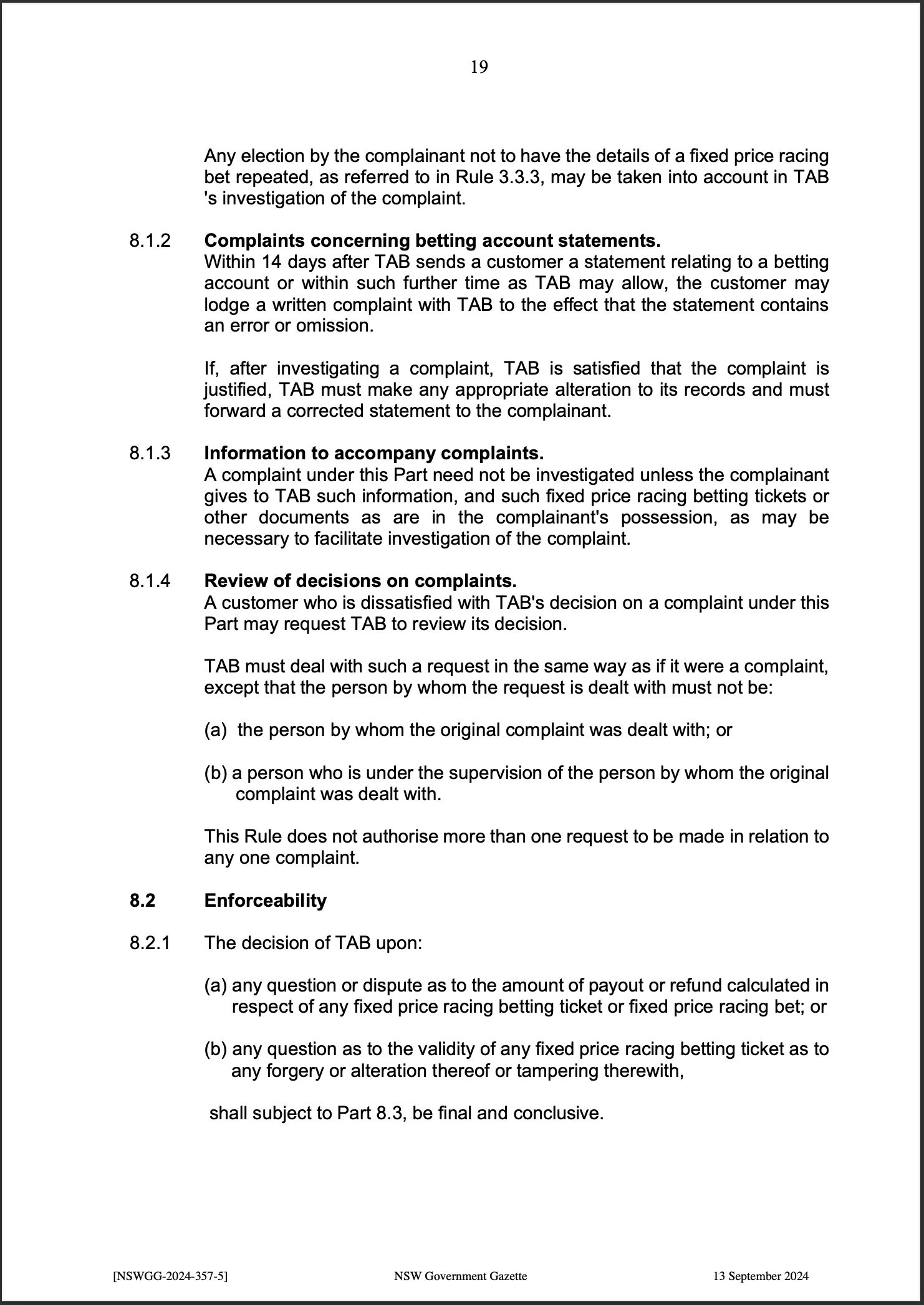 TAB Limited Fixed Price Racing Betting Rules