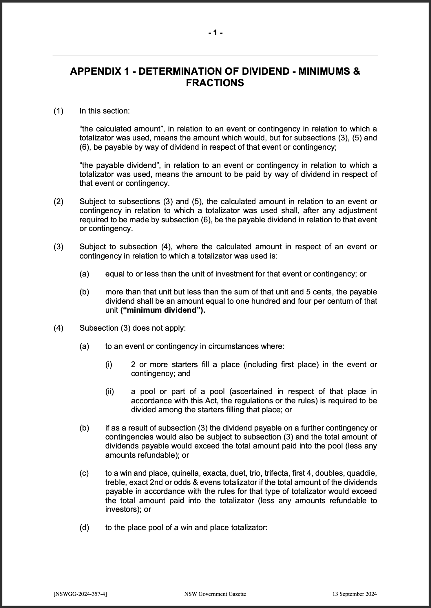 NSW Totalizator Betting Rules (Racing)